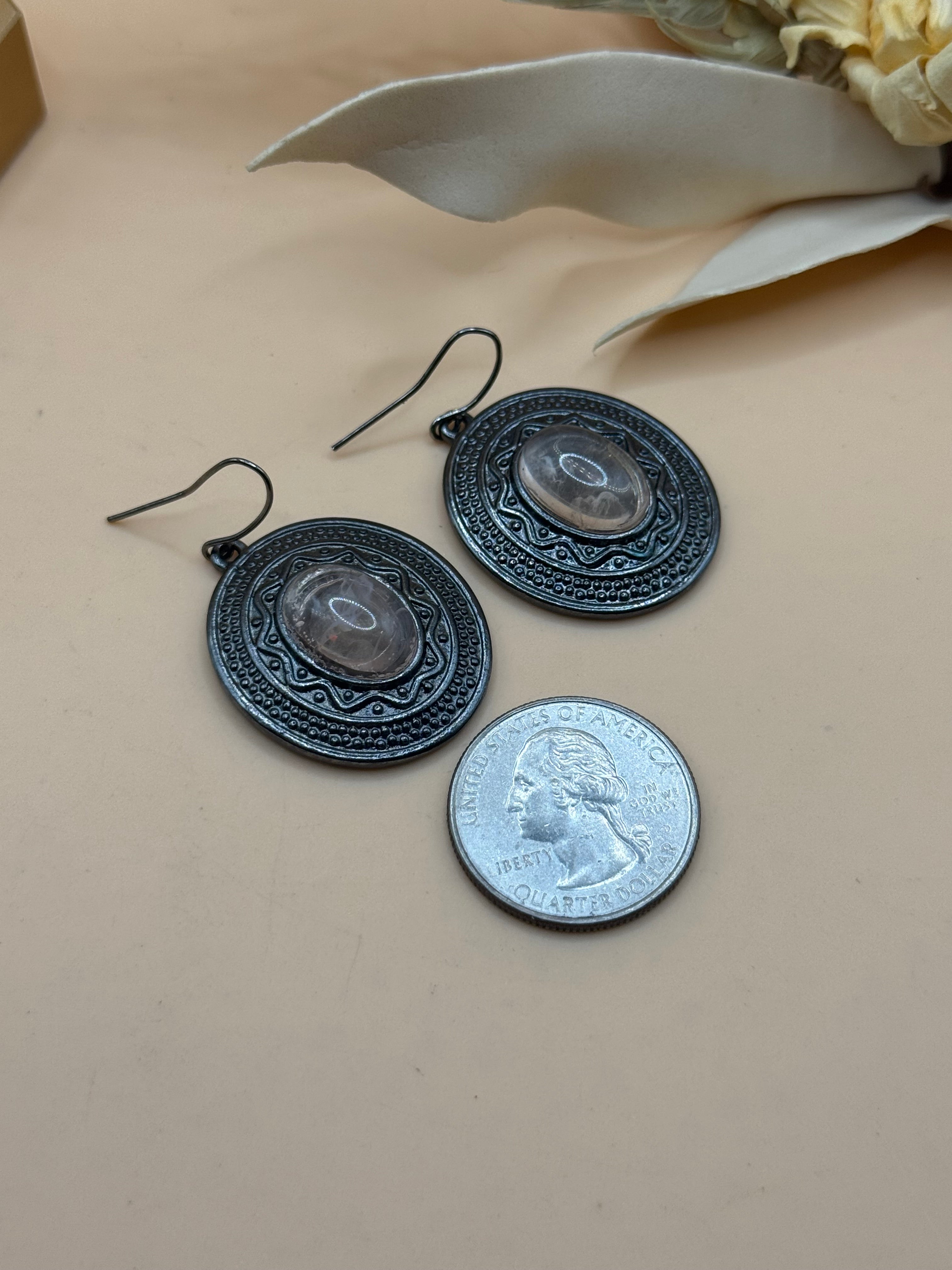 Silver Tone Oval Dangle Earrings Faux Moonstone Cabochon Boho Statement Earrings