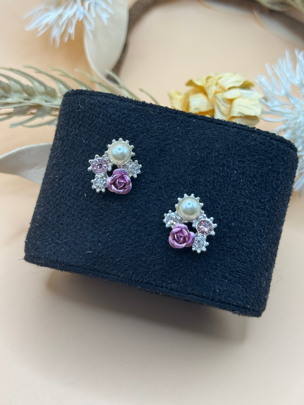 Silver Tone Faux Pearl Purple Rose Rhinestone Stud Earrings Floral Cluster Cute