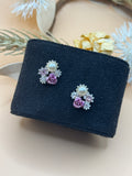 Silver Tone Faux Pearl Purple Rose Rhinestone Stud Earrings Floral Cluster Cute
