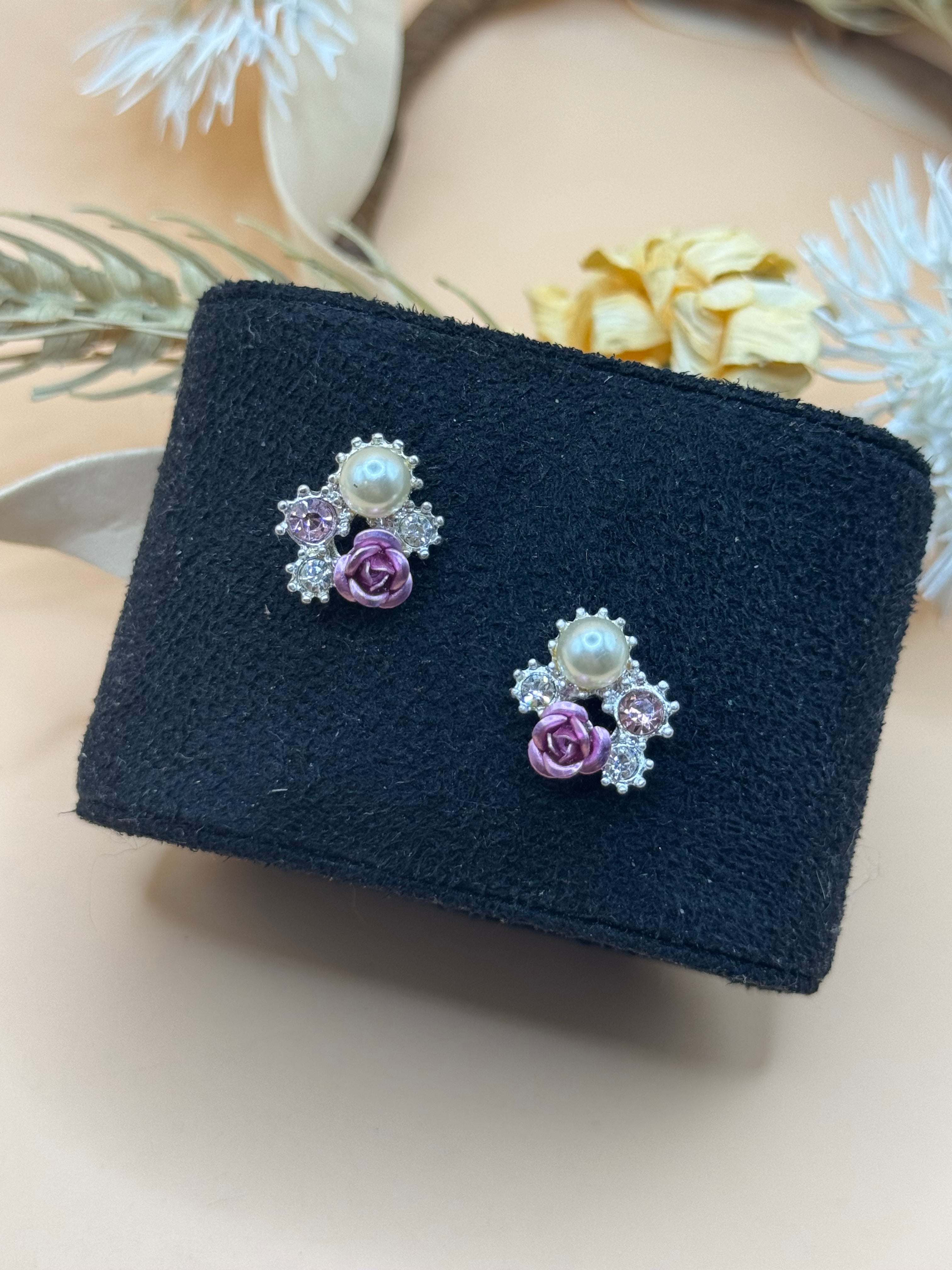 Silver Tone Faux Pearl Purple Rose Rhinestone Stud Earrings Floral Cluster Cute