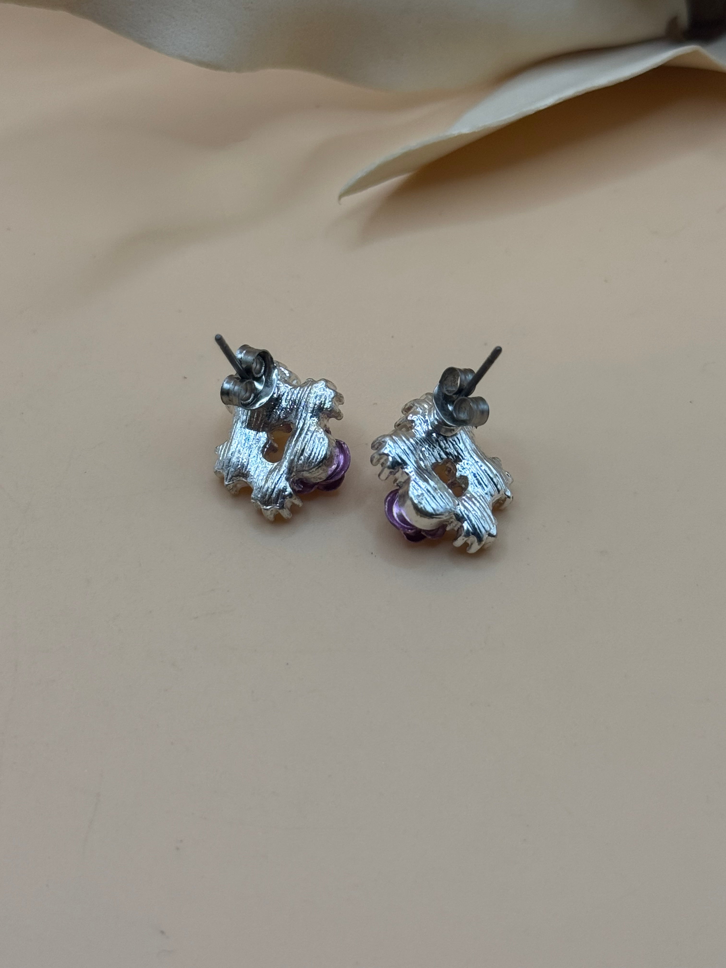Silver Tone Faux Pearl Purple Rose Rhinestone Stud Earrings Floral Cluster Cute
