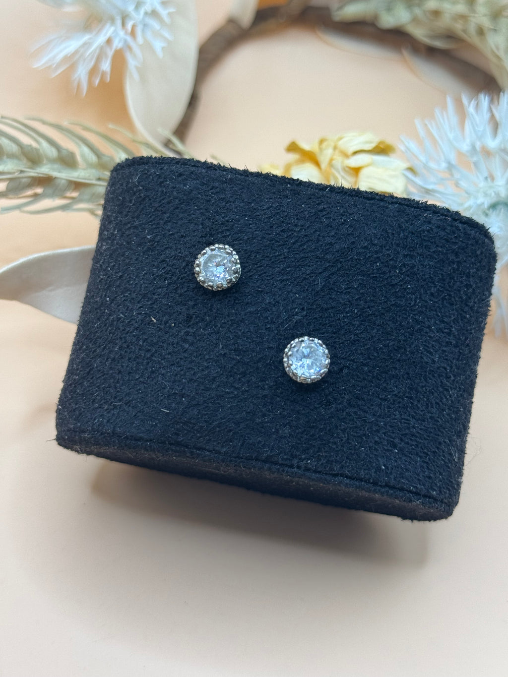 Vintage Silver Tone Clear Rhinestone Stud Earrings Round Halo Petite Sparkle