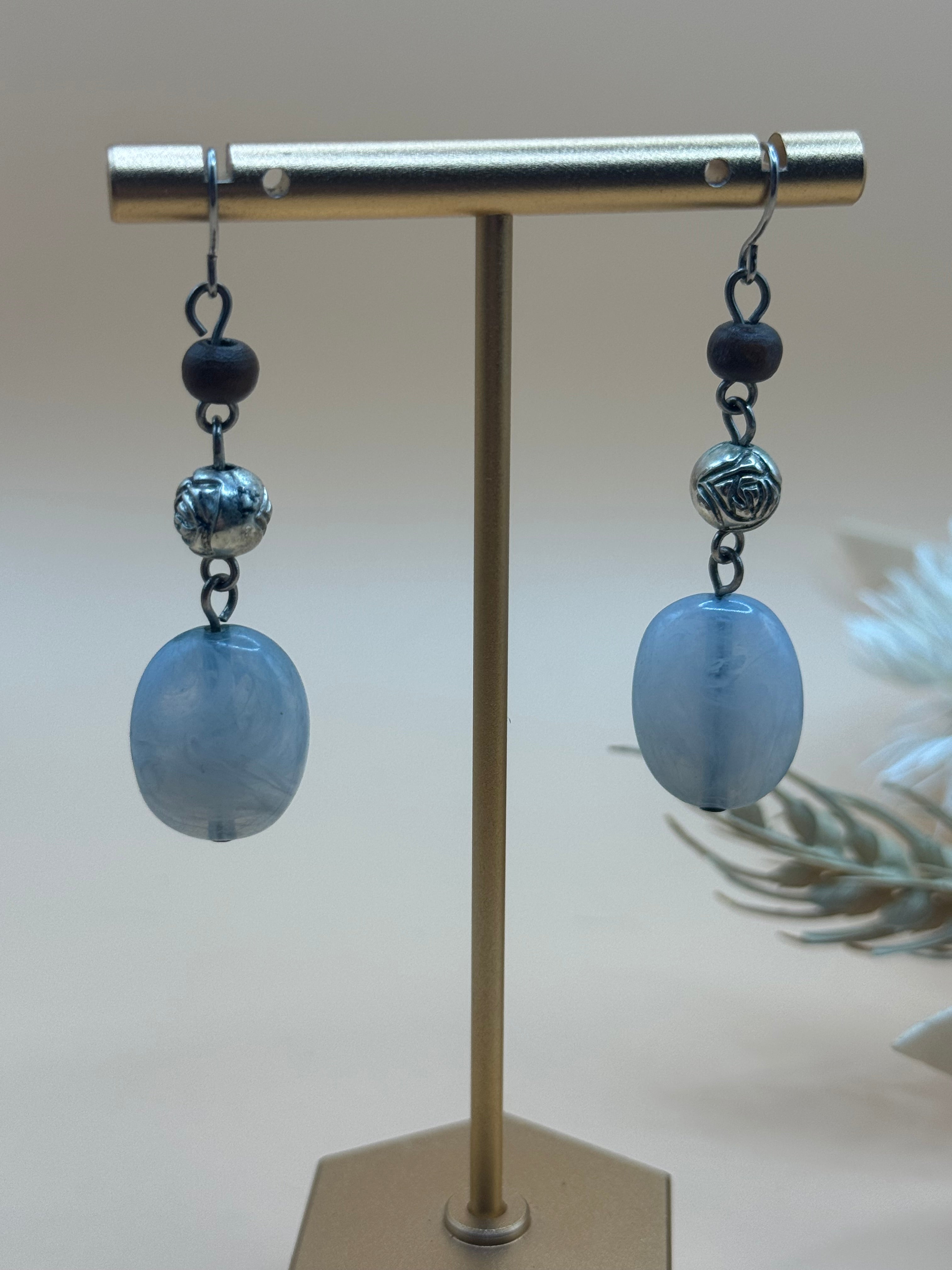 Blue Gray Beaded Dangle Earrings Silver Tone Wood Accent Oval Drop Boho Earrings