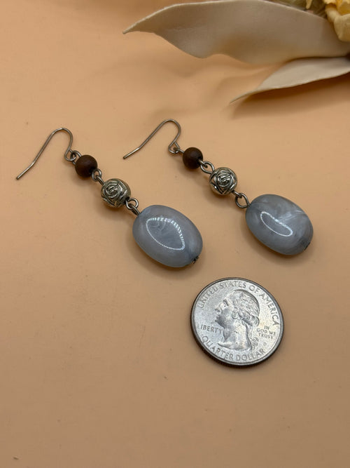 Blue Gray Beaded Dangle Earrings Silver Tone Wood Accent Oval Drop Boho Earrings