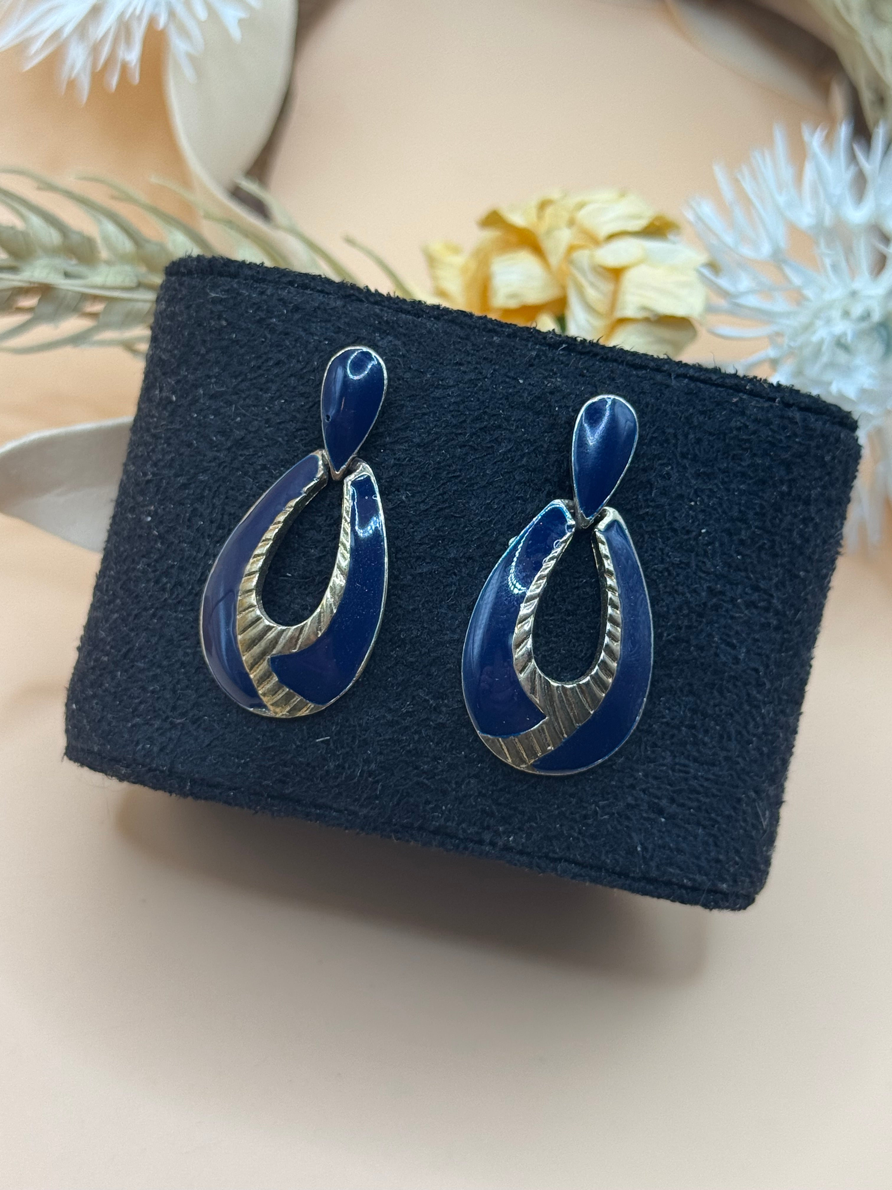 Vintage Blue Enamel Gold Tone Teardrop Dangle Earrings Retro Statement