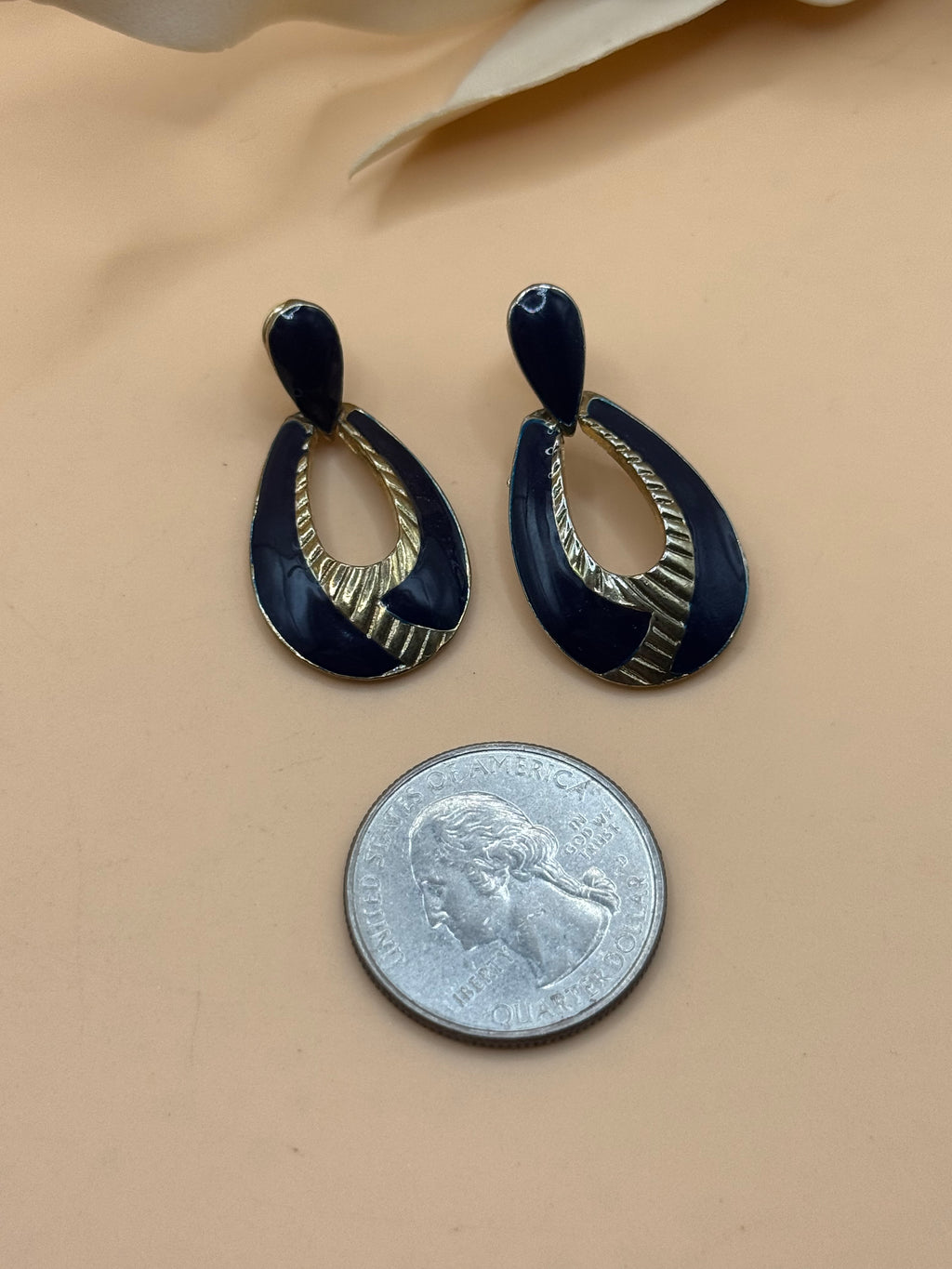 Vintage Blue Enamel Gold Tone Teardrop Dangle Earrings Retro Statement