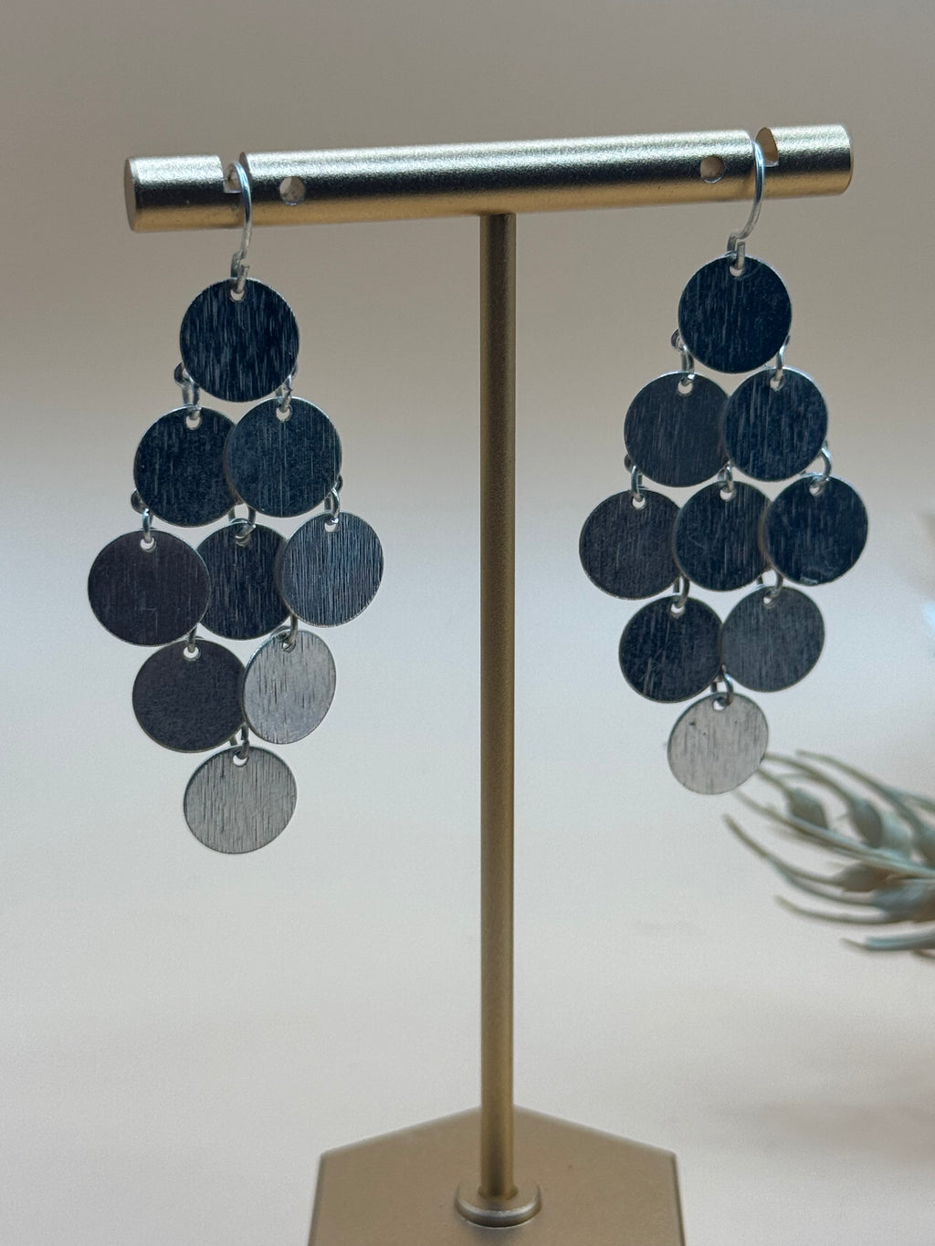 Silver Tone Brushed Disc Chandelier Dangle Earrings Fishhook Statement