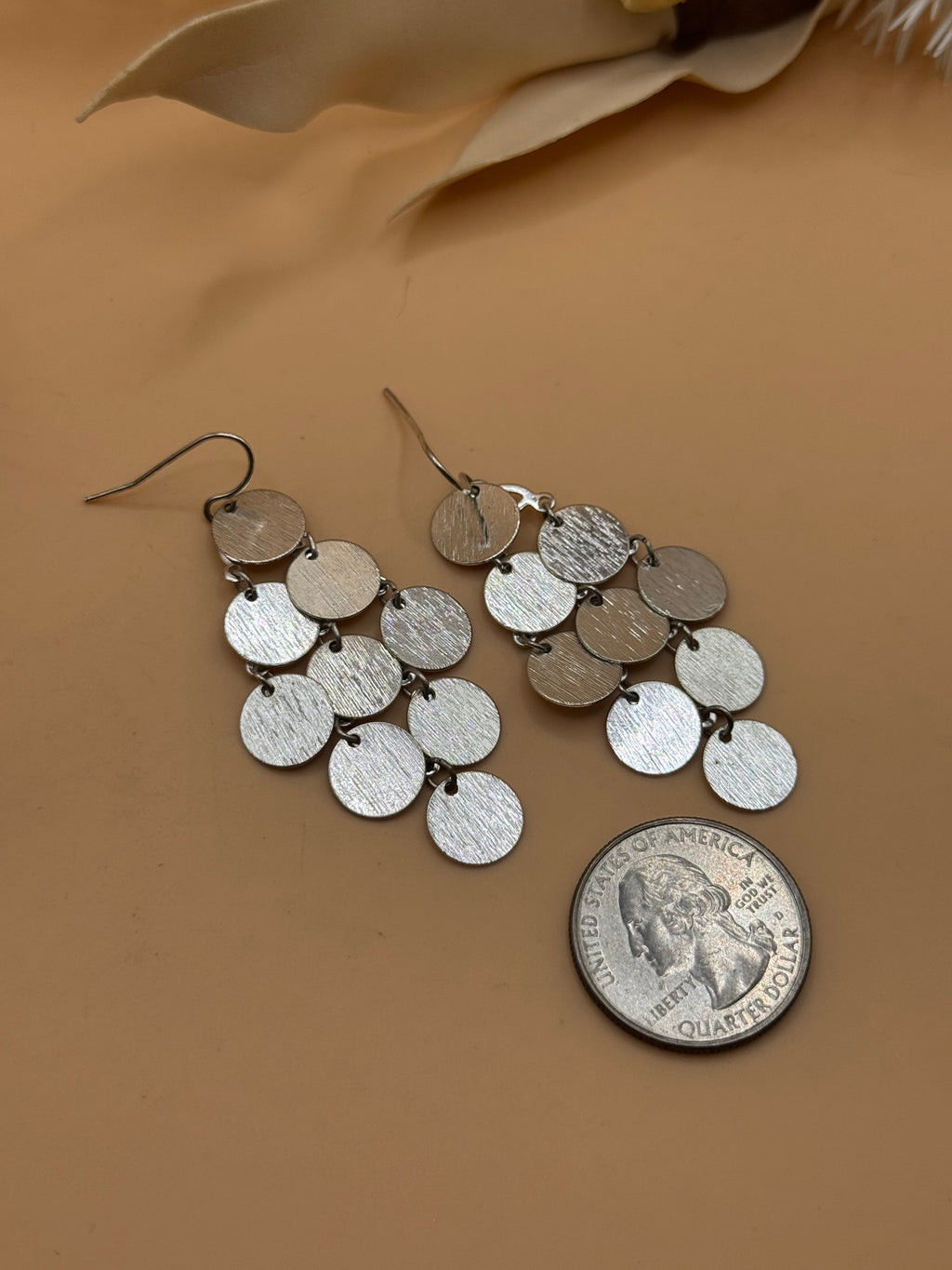 Silver Tone Brushed Disc Chandelier Dangle Earrings Fishhook Statement