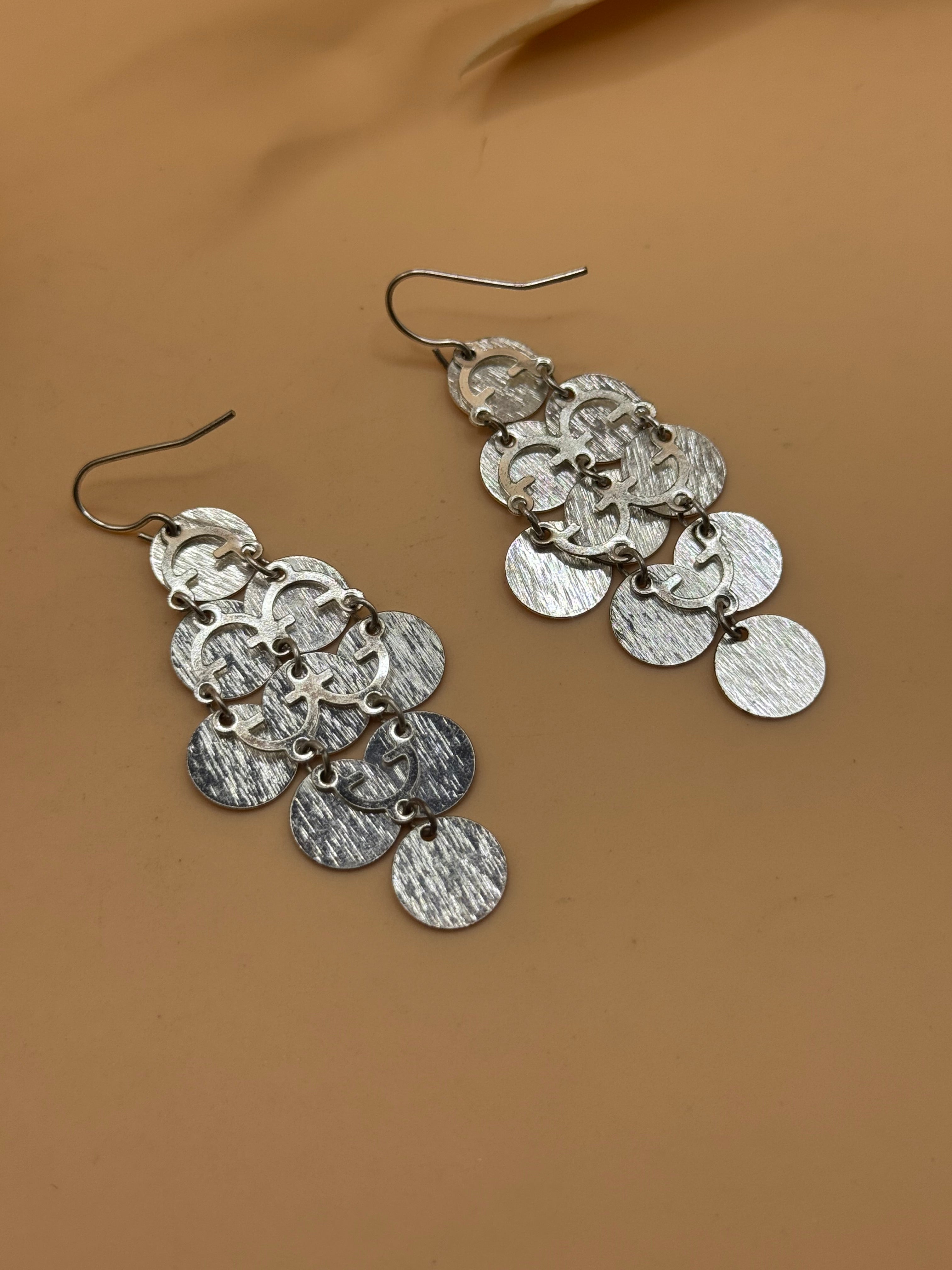 Silver Tone Brushed Disc Chandelier Dangle Earrings Fishhook Statement