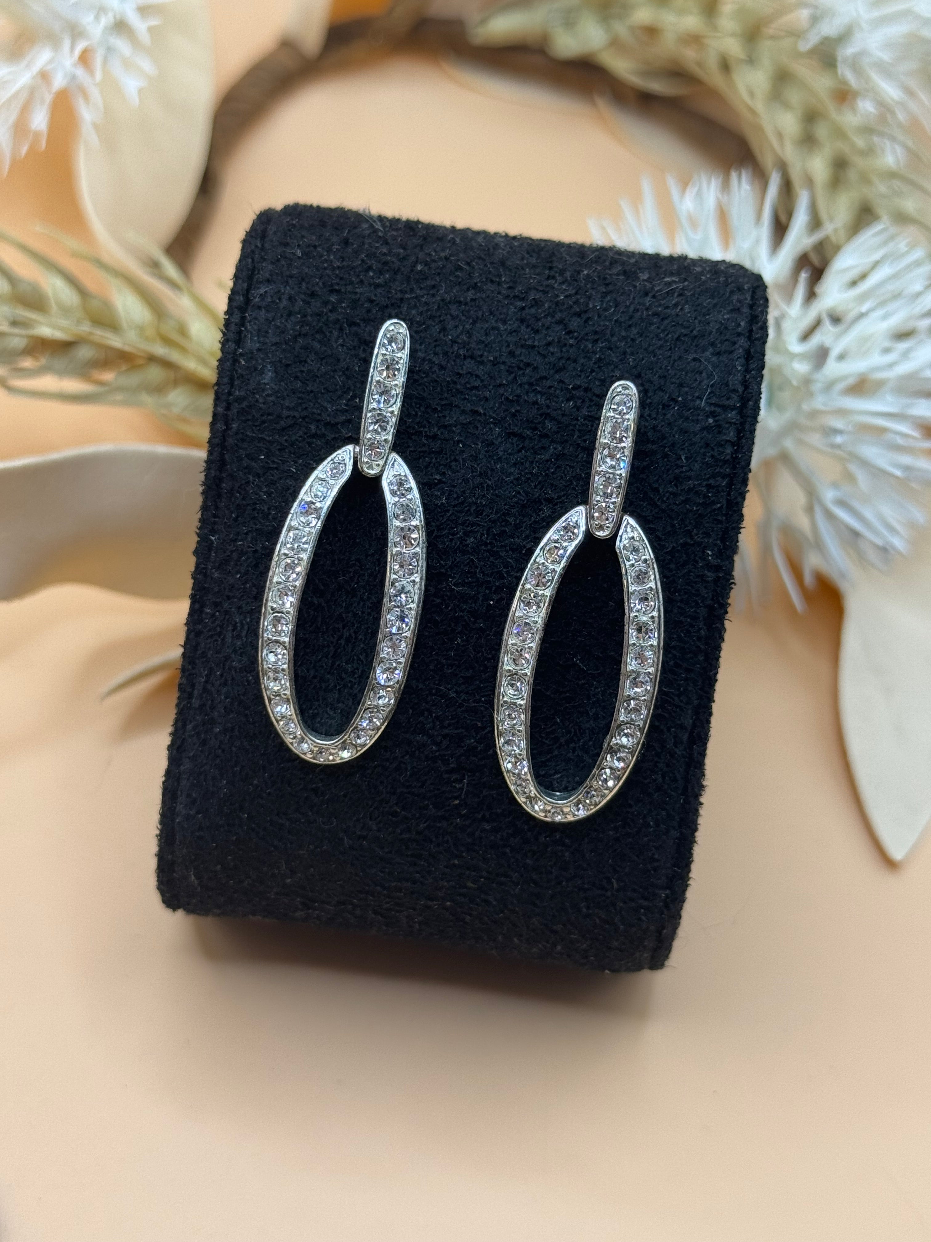 Silver Tone Clear Rhinestone Open Oval Dangle Earrings Elegant Sparkle
