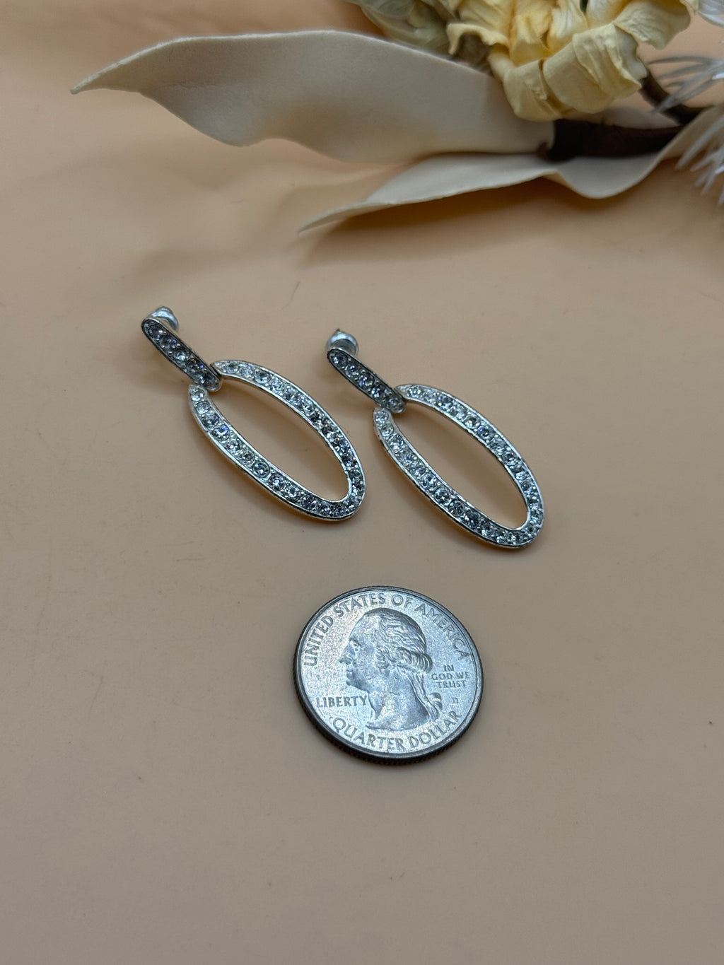 Silver Tone Clear Rhinestone Open Oval Dangle Earrings Elegant Sparkle