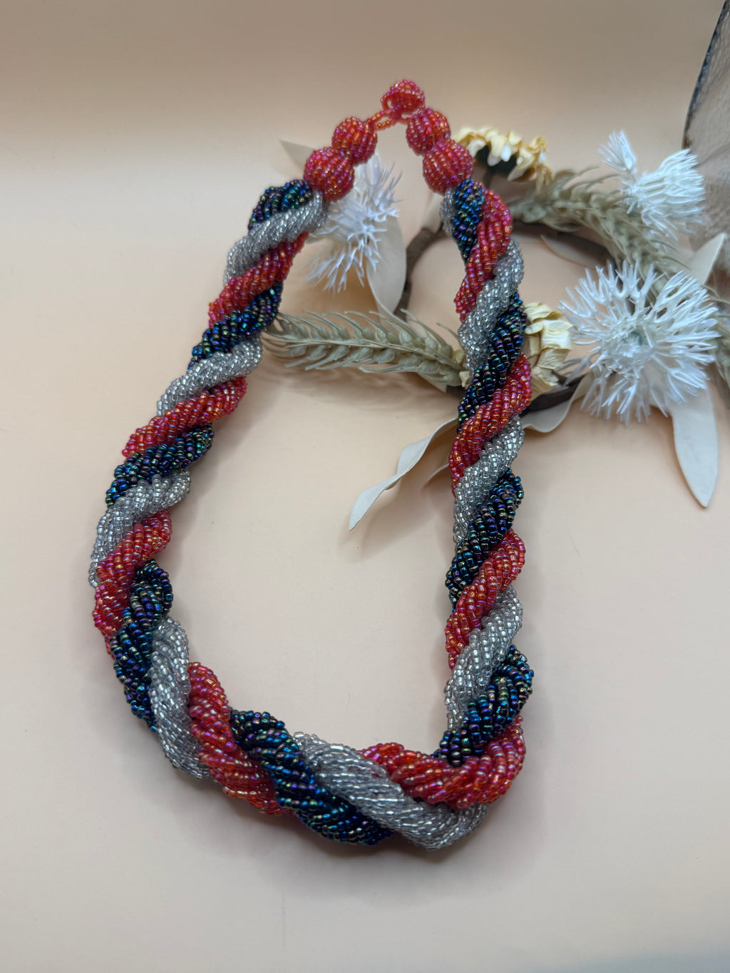 Vintage Hand Beaded Spiral Seed Bead Necklace Pink Blue Silver 16 Inch Statement