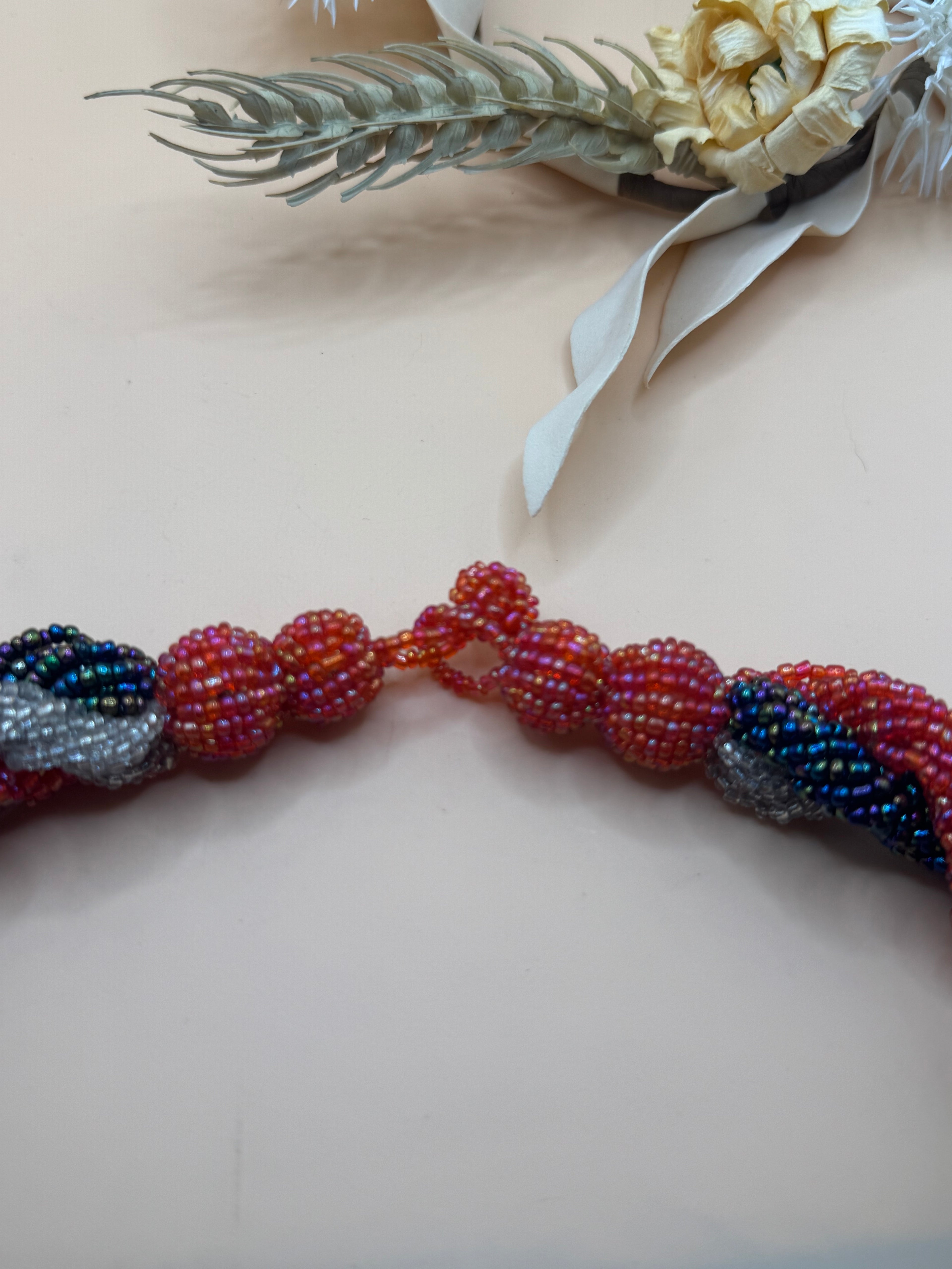 Vintage Hand Beaded Spiral Seed Bead Necklace Pink Blue Silver 16 Inch Statement
