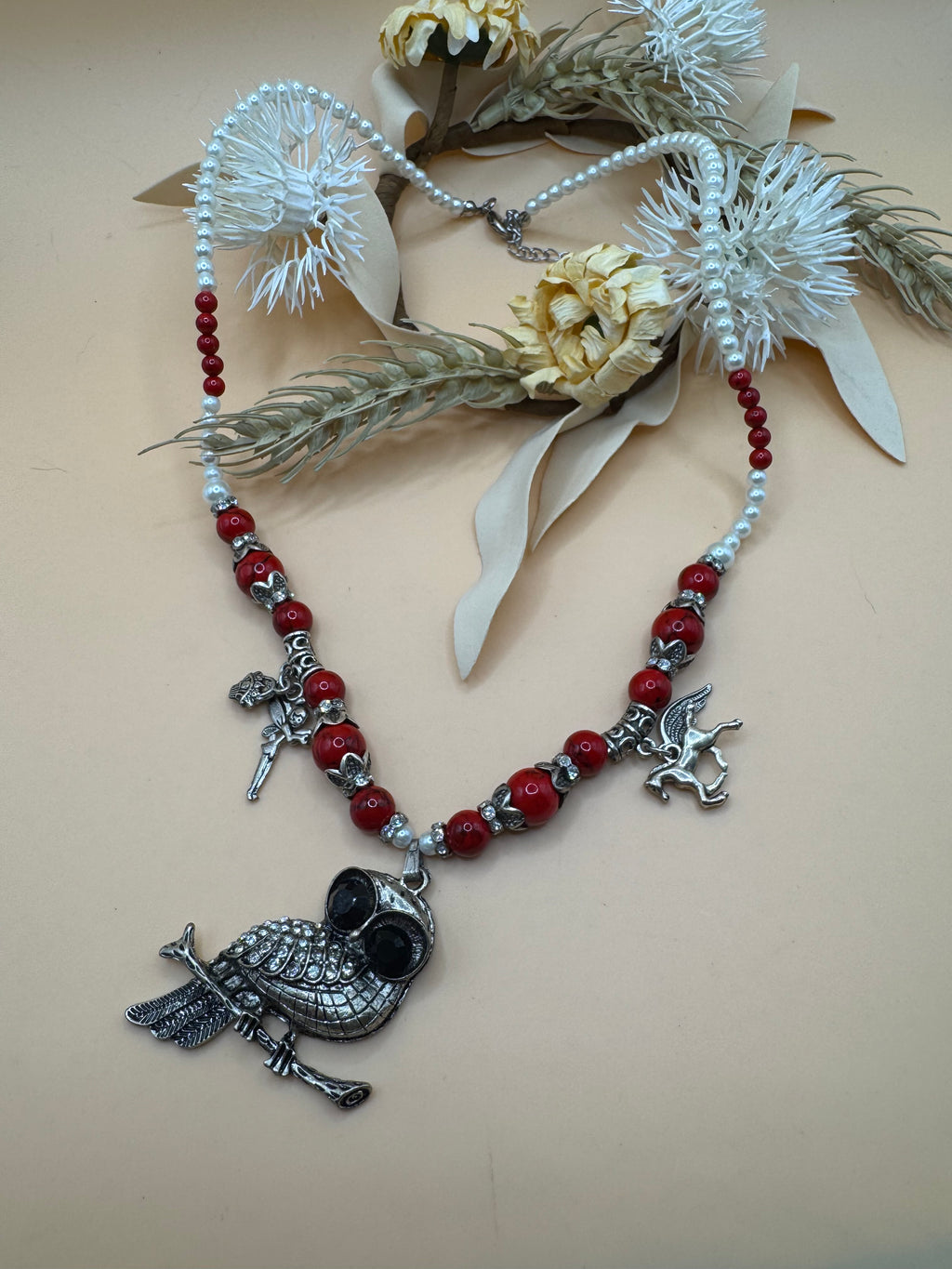 18” Owl Pendant Charm Necklace Red Beads Faux Pearls Fairy Pegasus Silver Tone