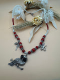 18” Owl Pendant Charm Necklace Red Beads Faux Pearls Fairy Pegasus Silver Tone