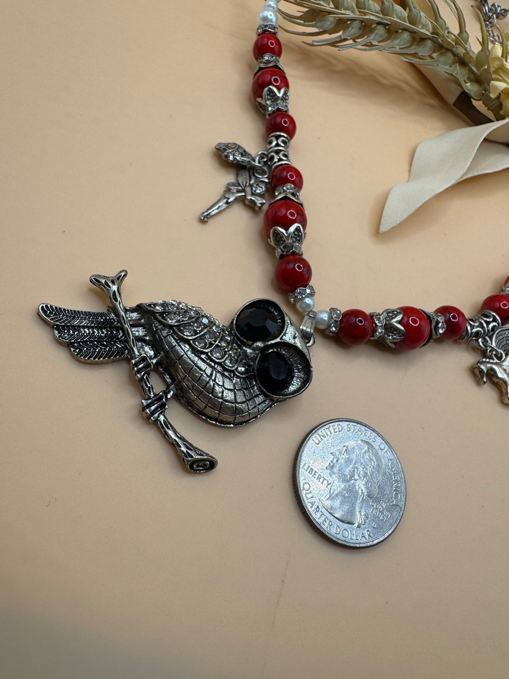 18” Owl Pendant Charm Necklace Red Beads Faux Pearls Fairy Pegasus Silver Tone