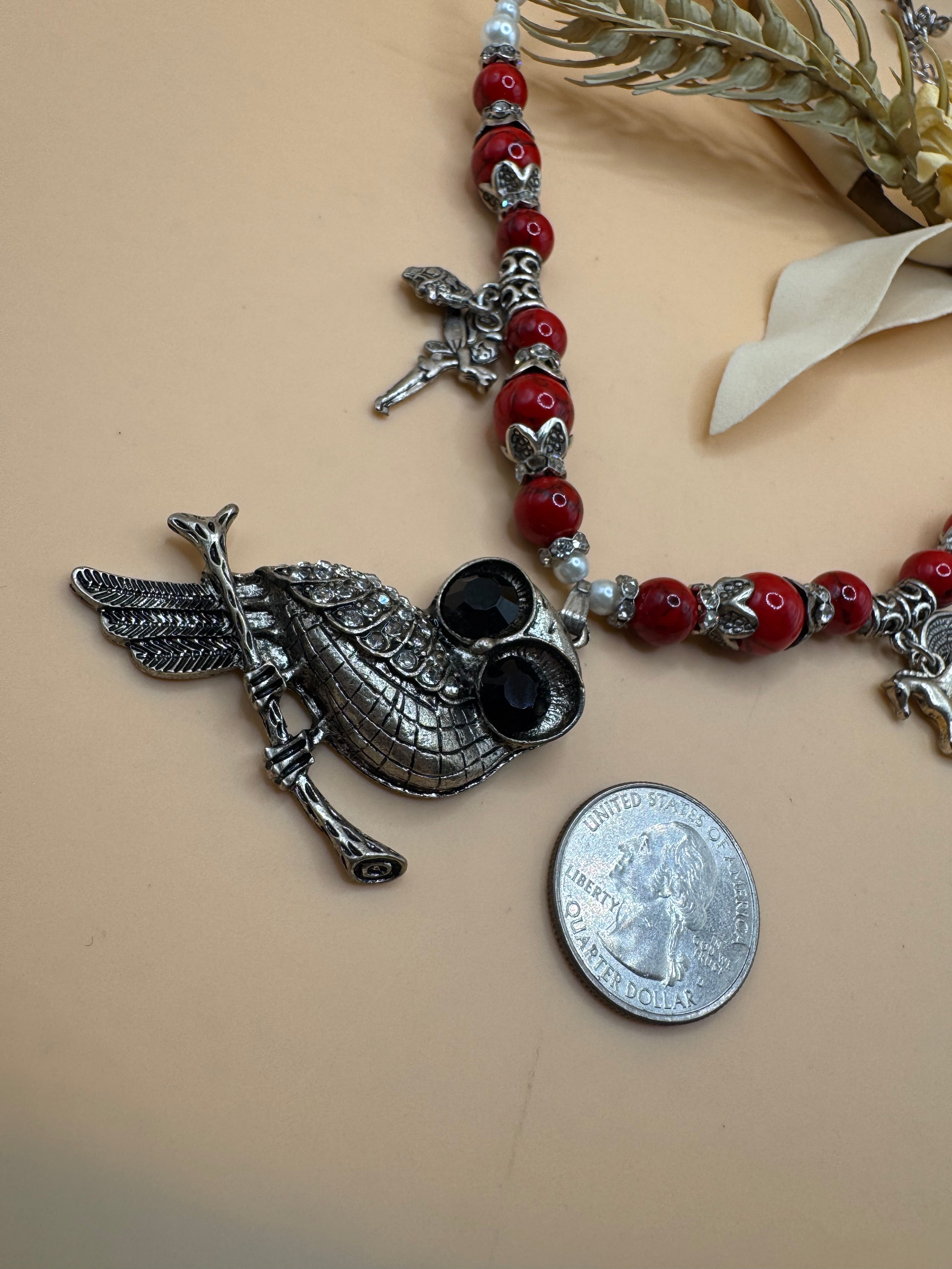 18” Owl Pendant Charm Necklace Red Beads Faux Pearls Fairy Pegasus Silver Tone