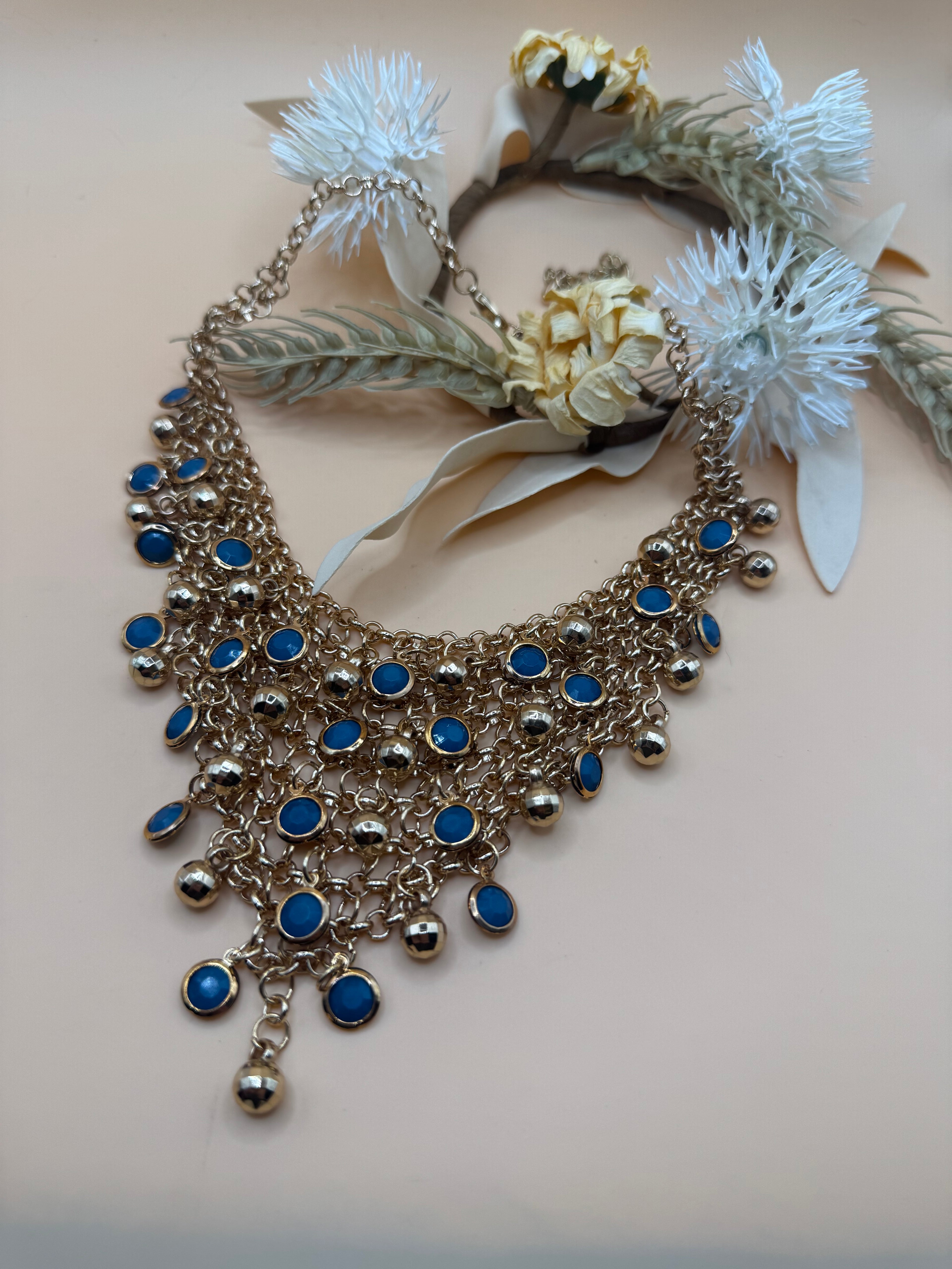 16” Blue Cabochon Bib Statement Necklace Gold Tone Fringe Adjustable Chain