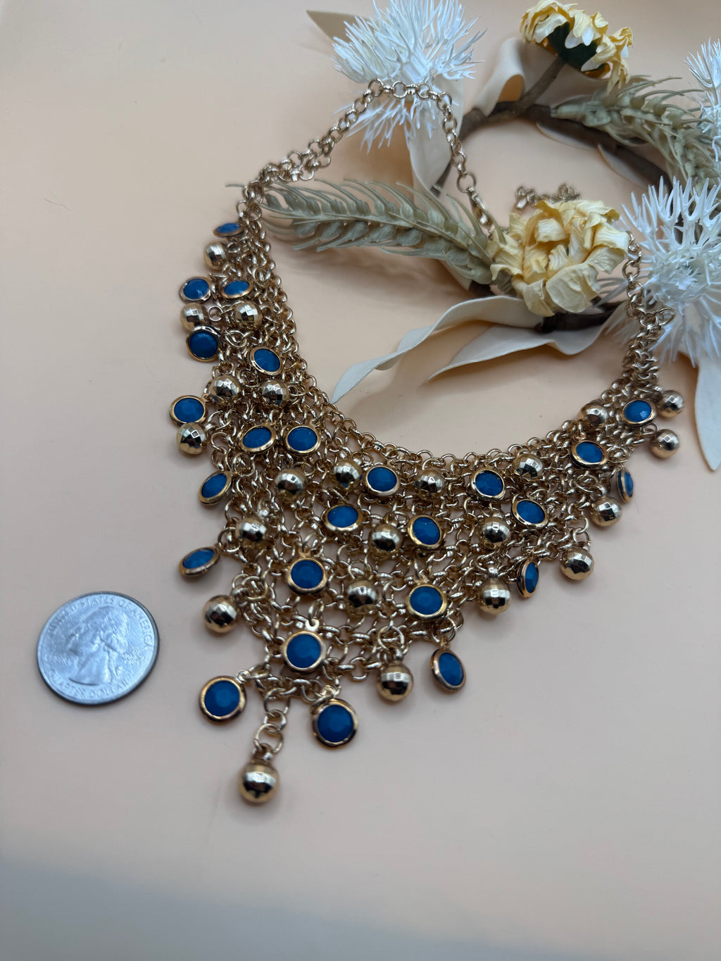 16” Blue Cabochon Bib Statement Necklace Gold Tone Fringe Adjustable Chain