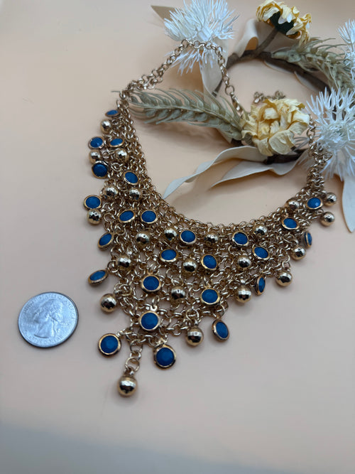 16” Blue Cabochon Bib Statement Necklace Gold Tone Fringe Adjustable Chain