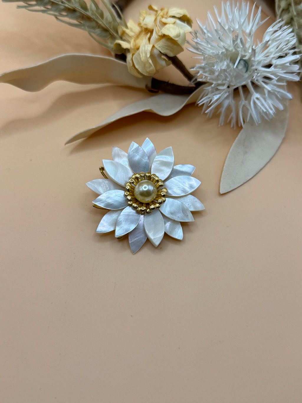 Vintage Mother of Pearl Flower Brooch Faux Pearl Gold Tone Floral Pin Statement