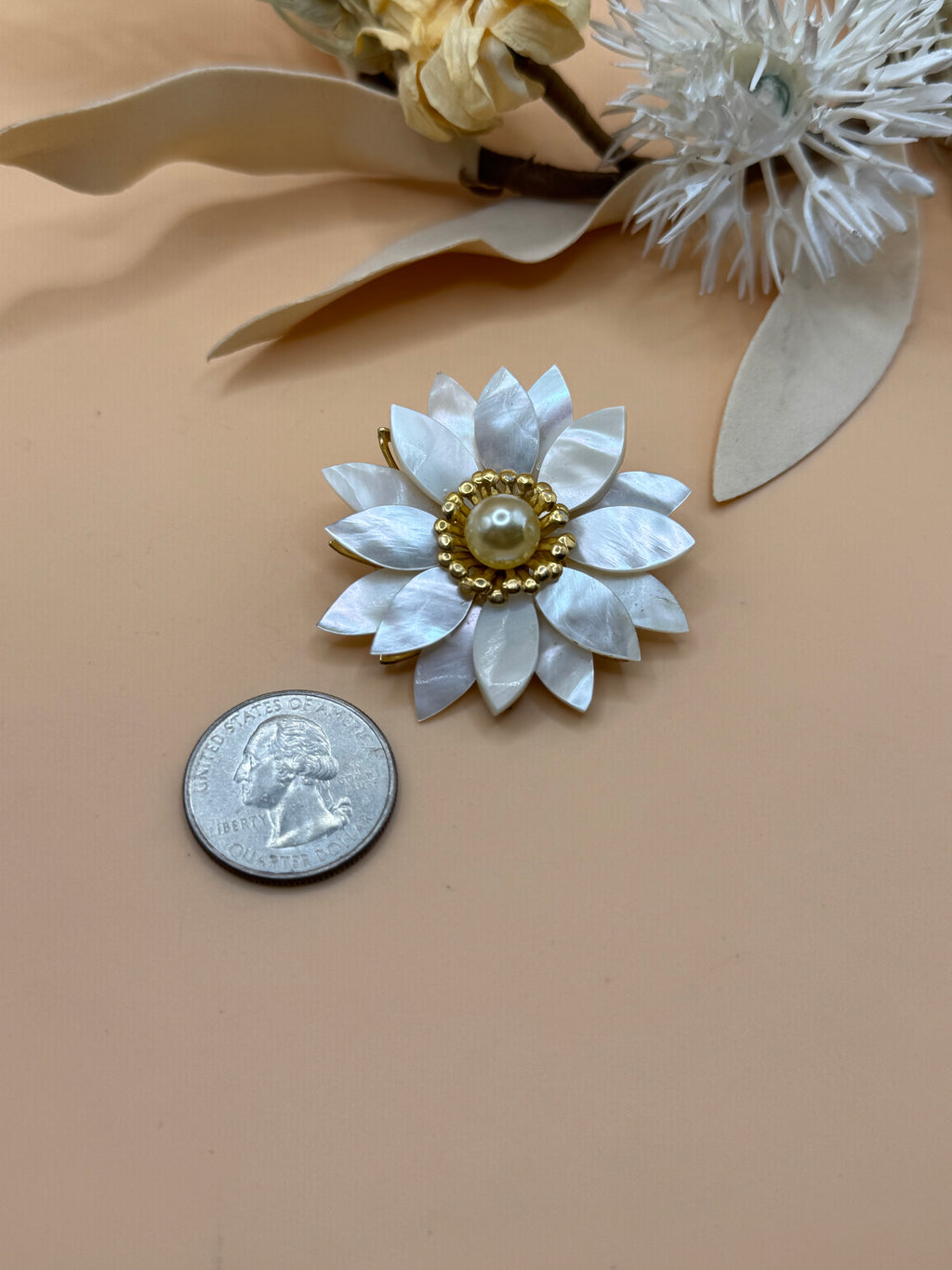 Vintage Mother of Pearl Flower Brooch Faux Pearl Gold Tone Floral Pin Statement