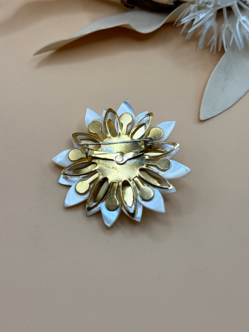 Vintage Mother of Pearl Flower Brooch Faux Pearl Gold Tone Floral Pin Statement