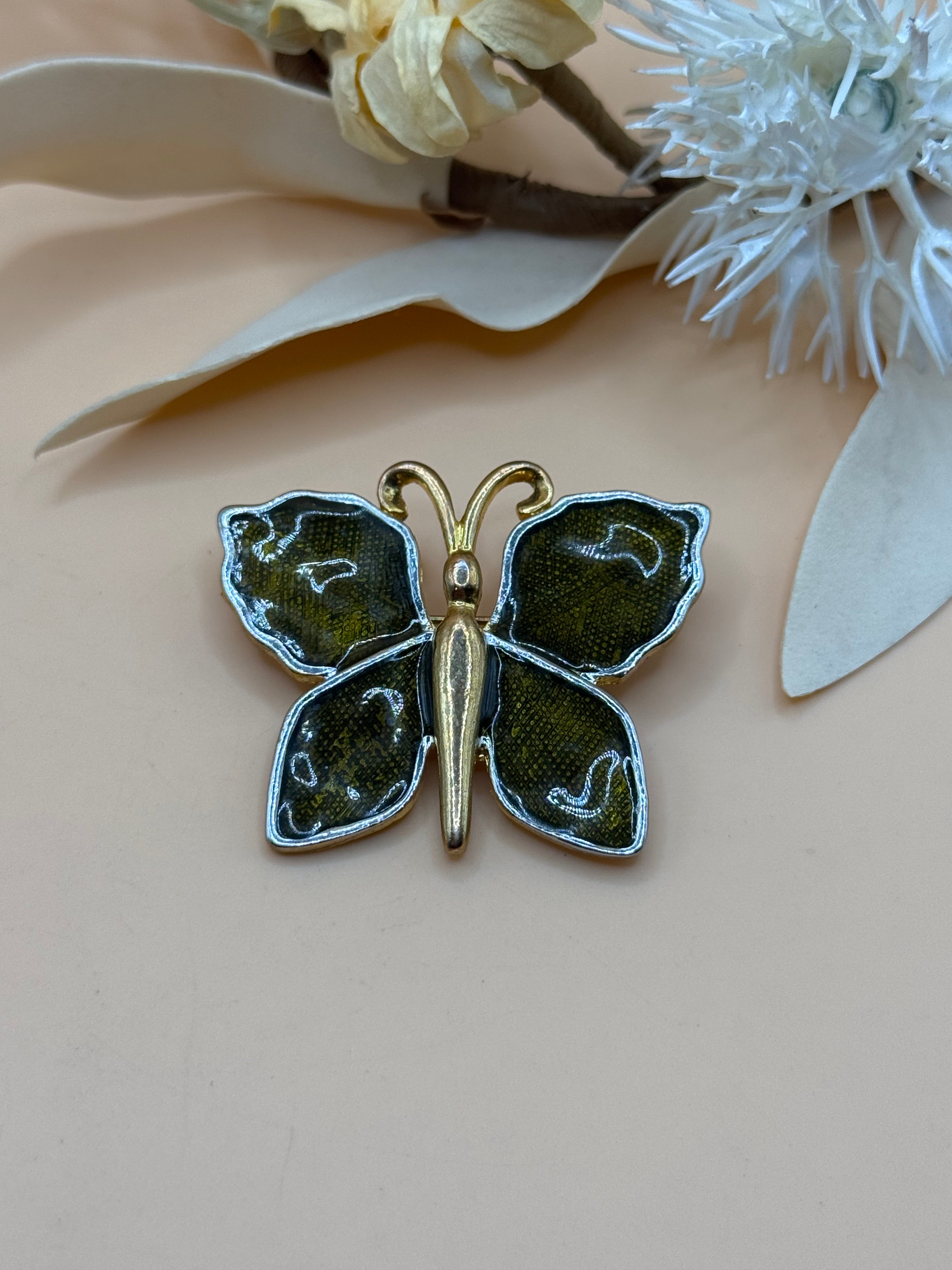 Vintage Gold Tone Green Enamel Butterfly Brooch Textured Wings Nature Pin Decor