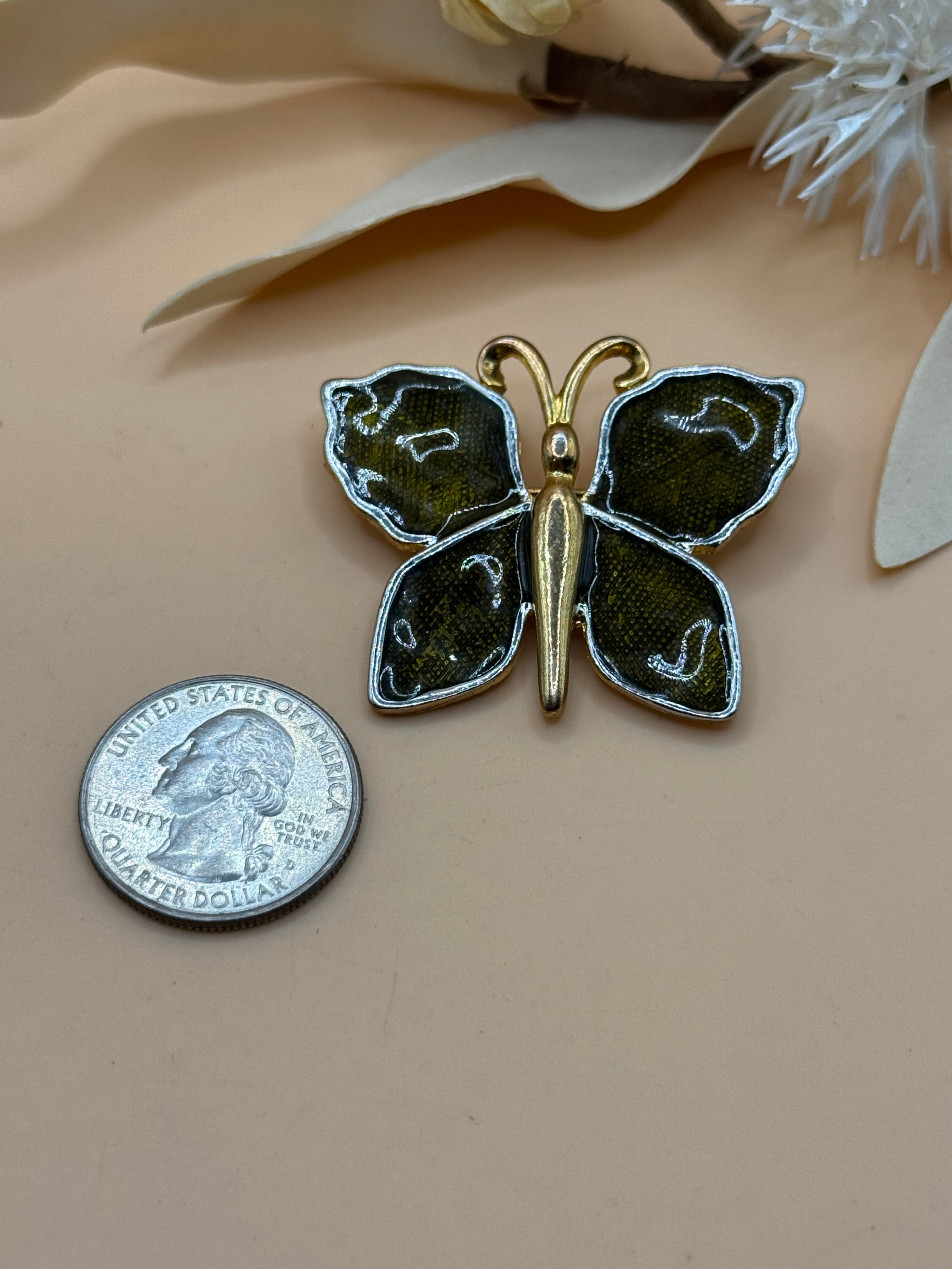 Vintage Gold Tone Green Enamel Butterfly Brooch Textured Wings Nature Pin Decor