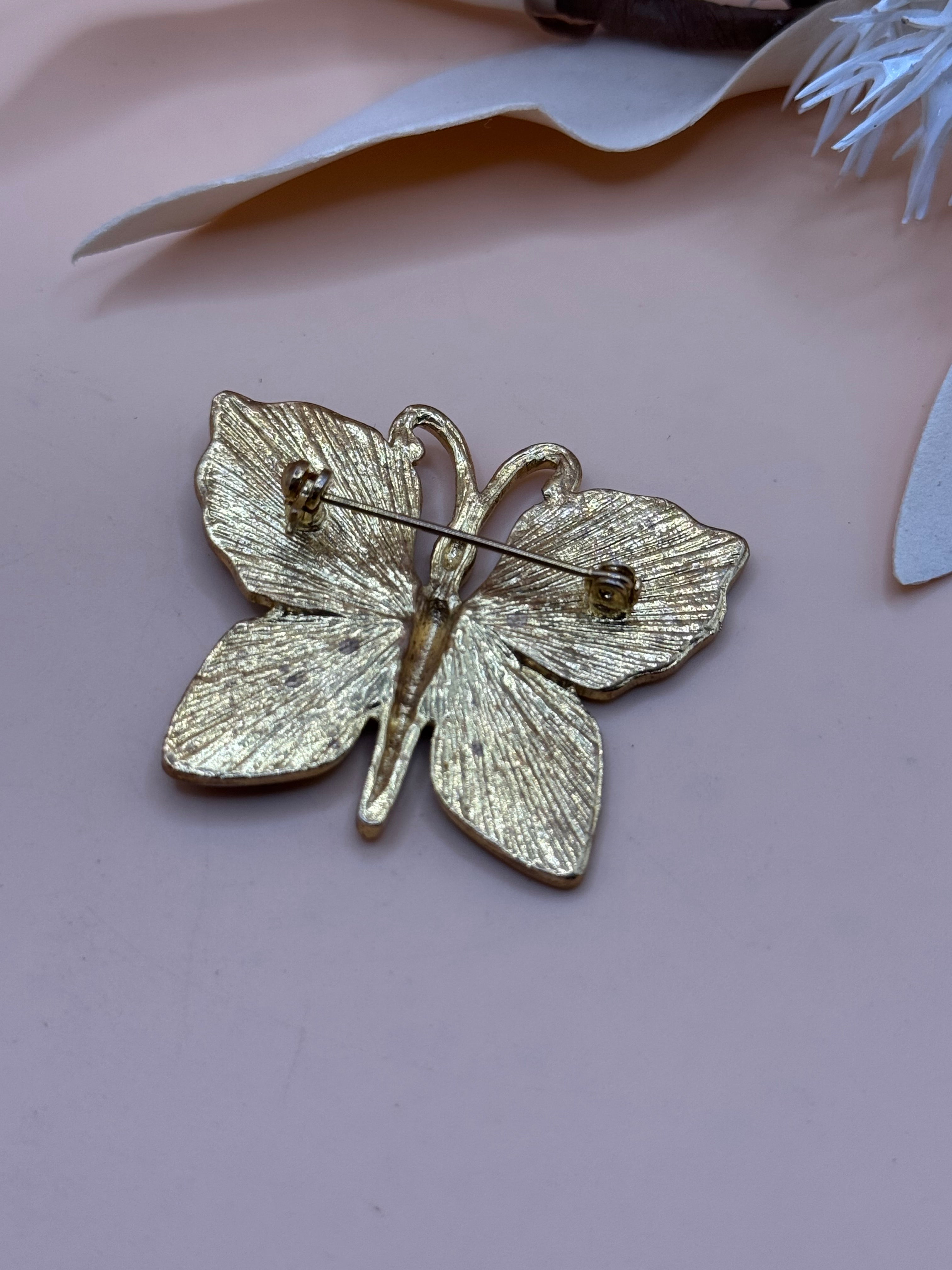 Vintage Gold Tone Green Enamel Butterfly Brooch Textured Wings Nature Pin Decor