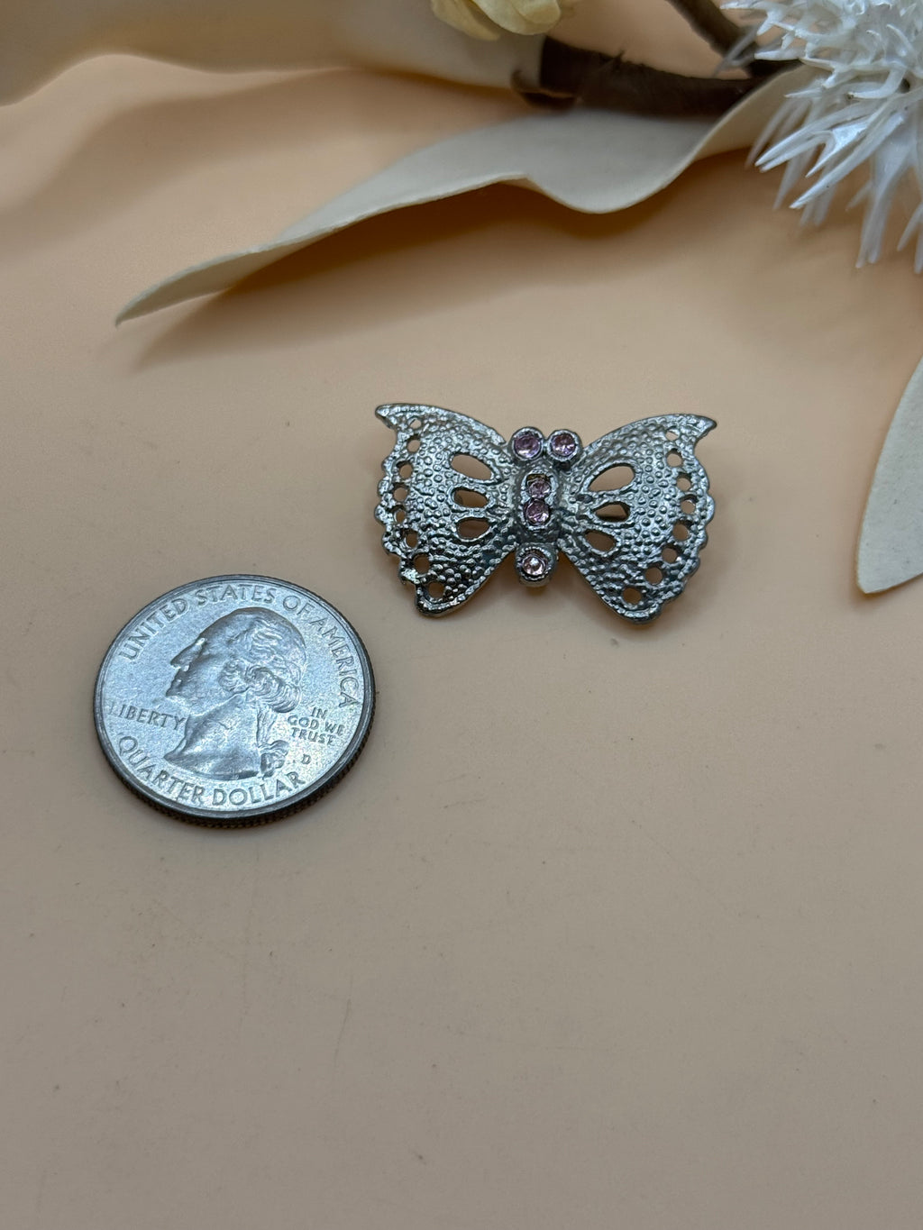 Vintage Silver Tone Pink Rhinestone Butterfly Brooch Openwork Filigree Pin Cute