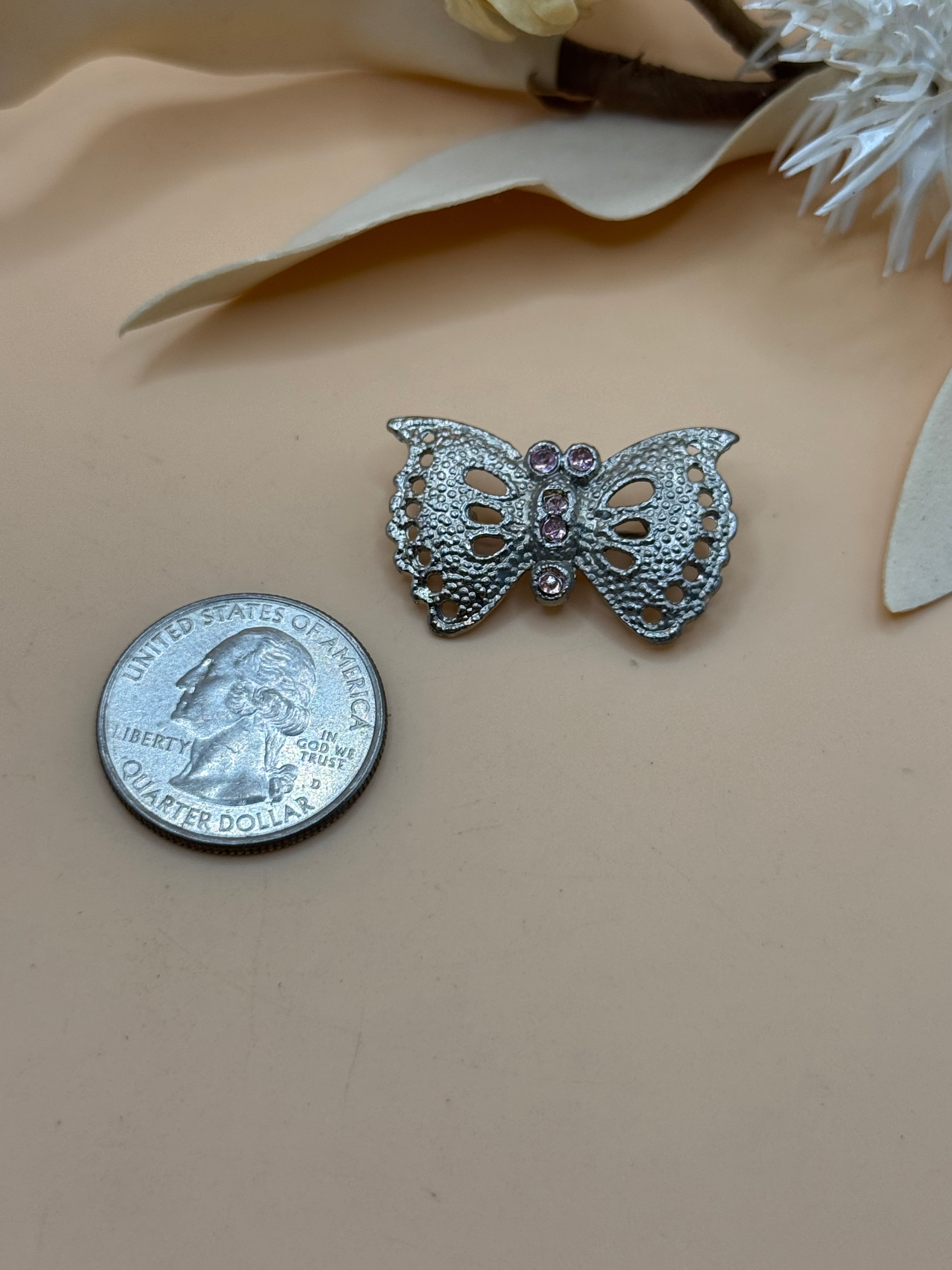 Vintage Silver Tone Pink Rhinestone Butterfly Brooch Openwork Filigree Pin Cute