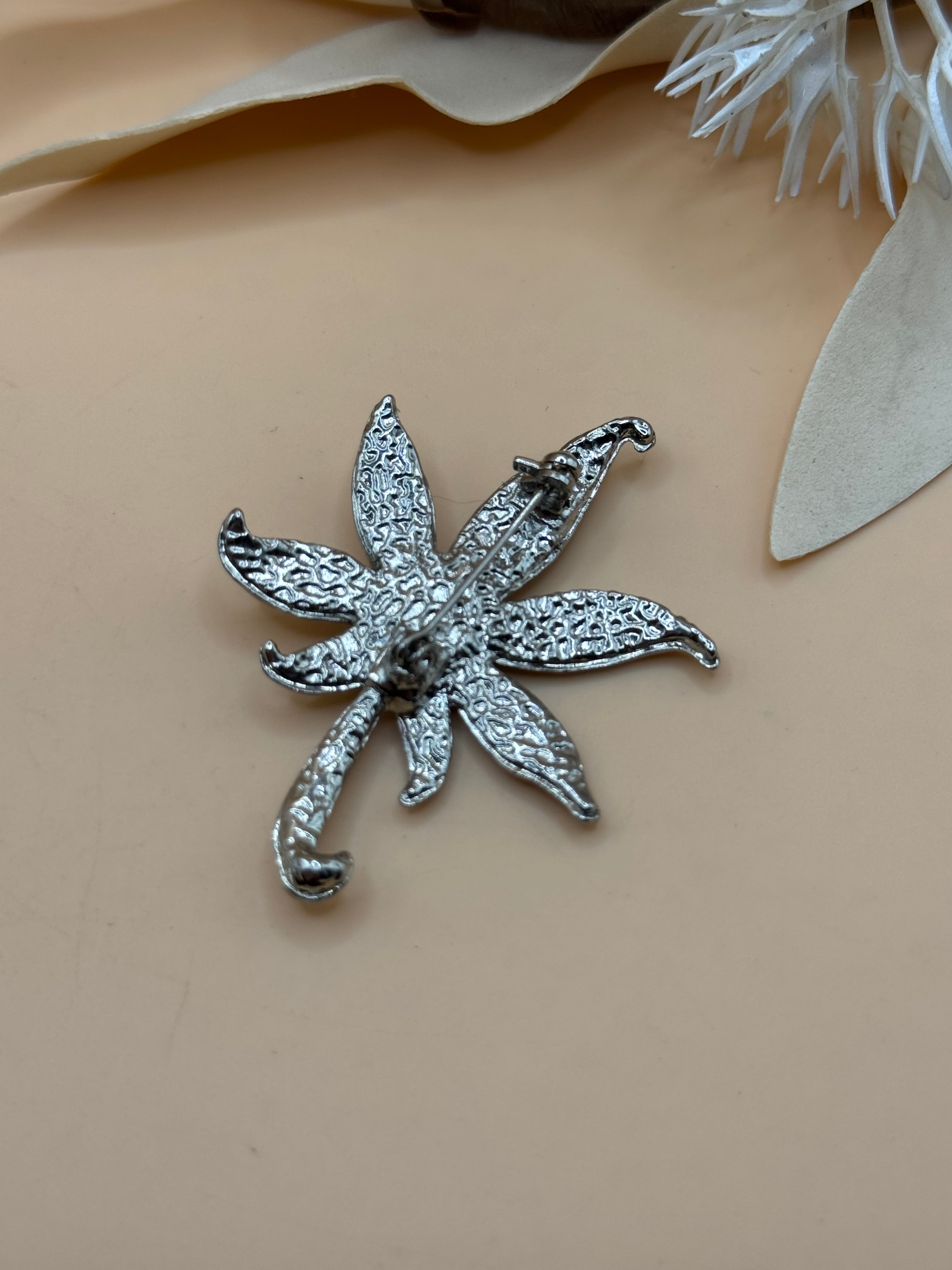 Vintage Silver Tone Floral Flower Brooch Clear Rhinestone Accent Elegant Pin