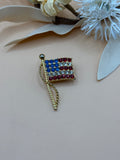 Vintage Gold Tone American Flag Brooch Red White Blue Rhinestone Patriotic Pin