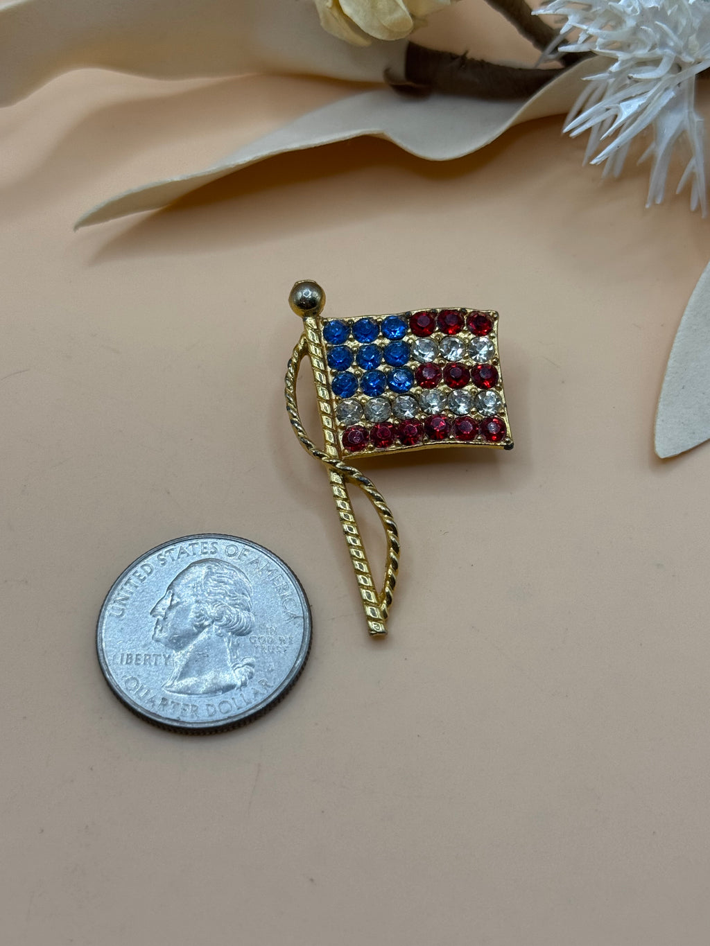 Vintage Gold Tone American Flag Brooch Red White Blue Rhinestone Patriotic Pin