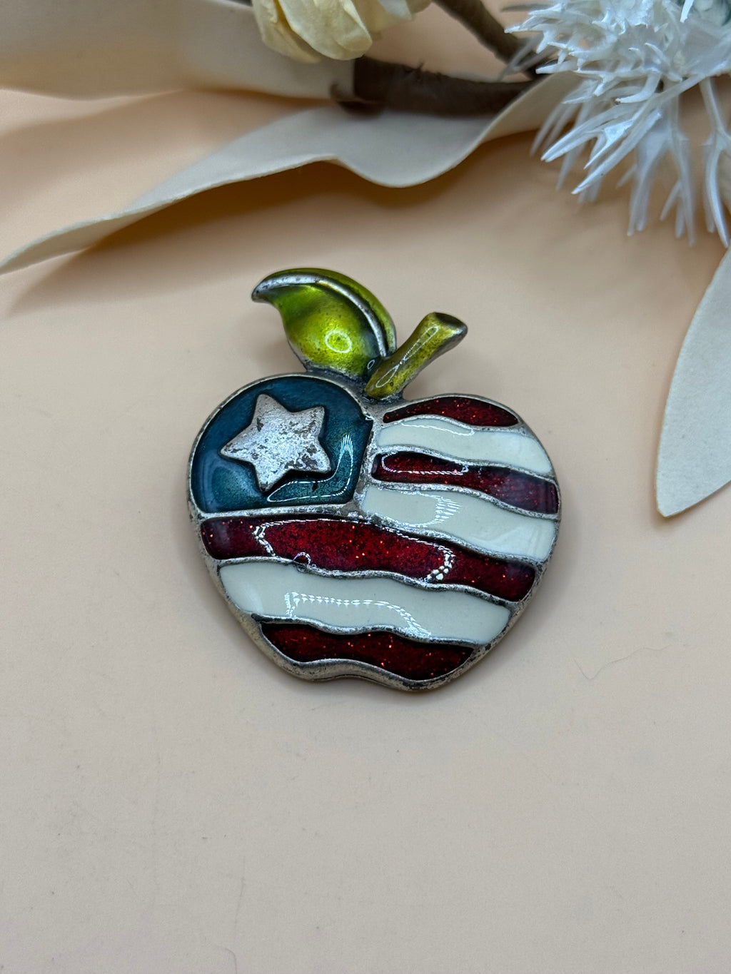 AJMC Patriotic American Flag Apple Brooch Red White Blue Enamel Teacher Pin