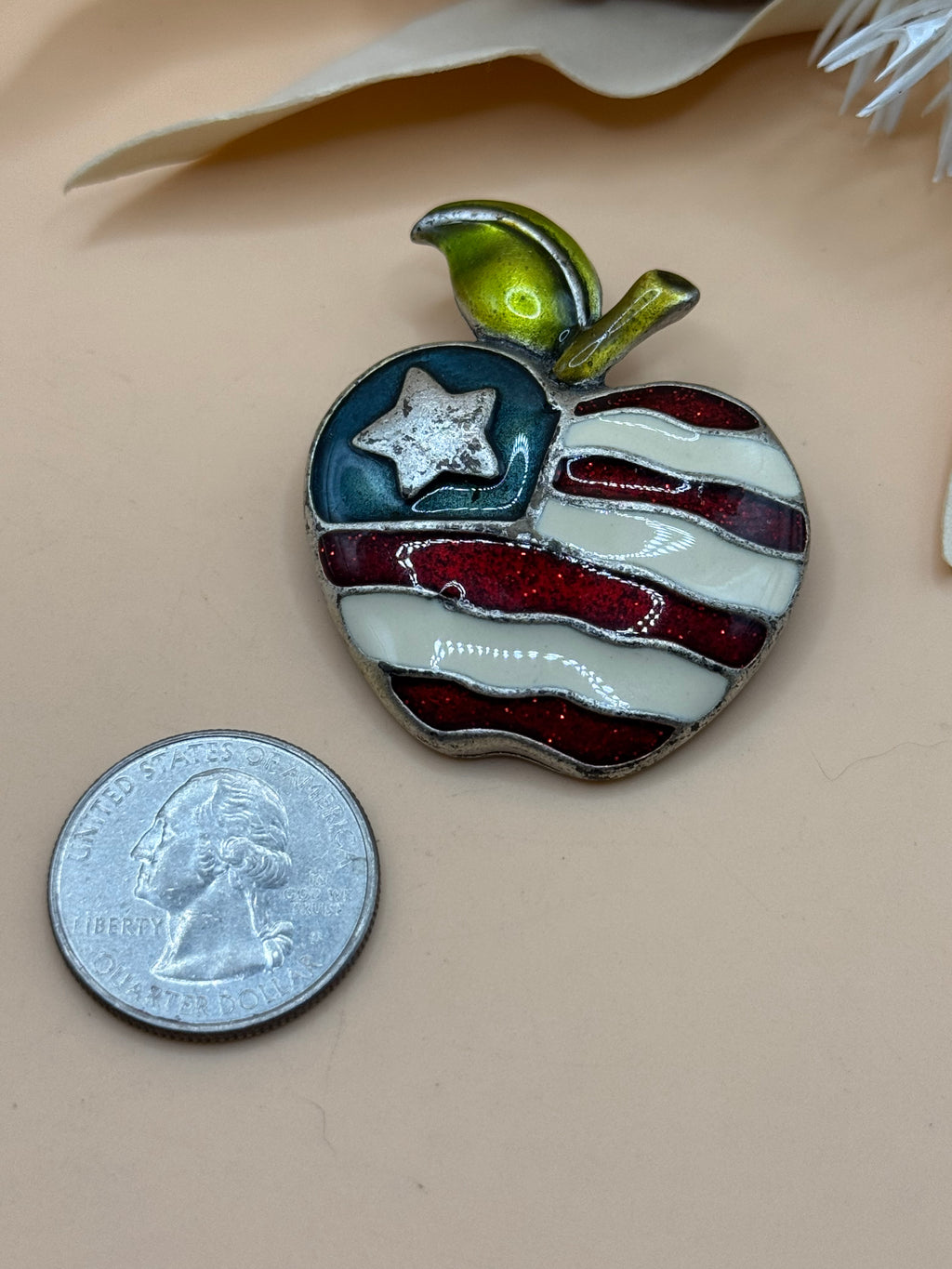 AJMC Patriotic American Flag Apple Brooch Red White Blue Enamel Teacher Pin
