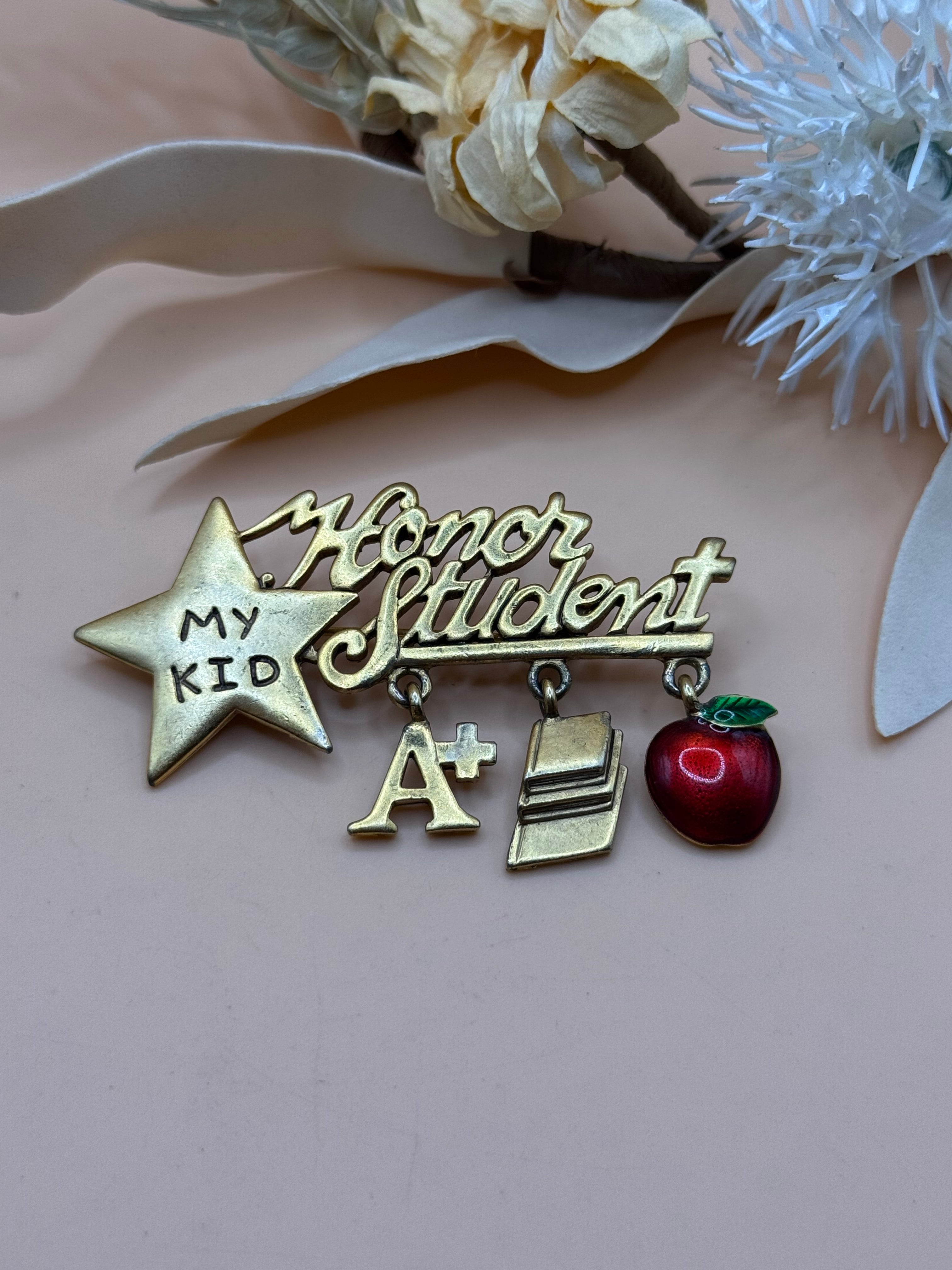 Danecraft Honor Student My Kid A+ Teacher Apple Dangle Brooch Gold Tone Pin
