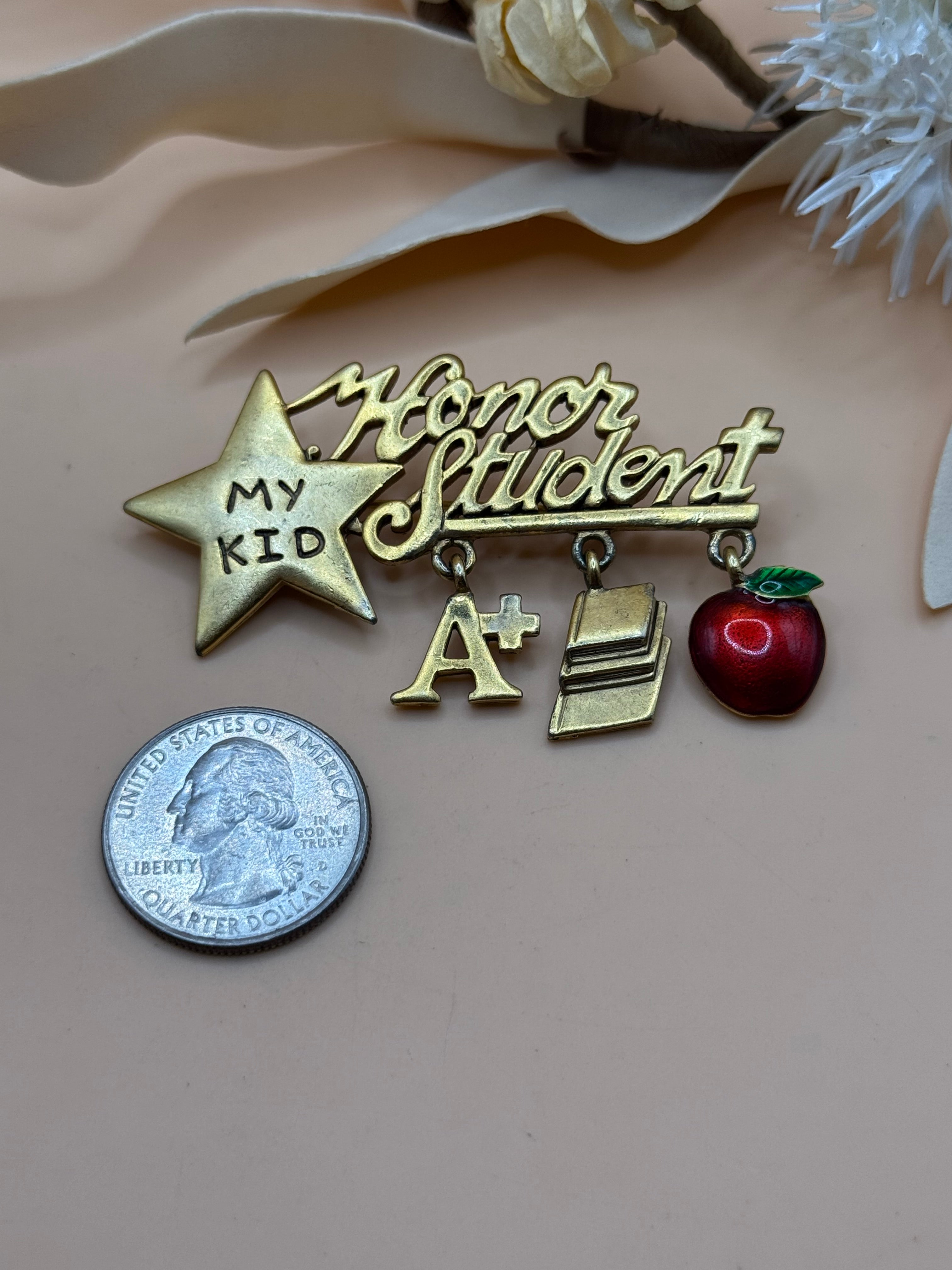 Danecraft Honor Student My Kid A+ Teacher Apple Dangle Brooch Gold Tone Pin
