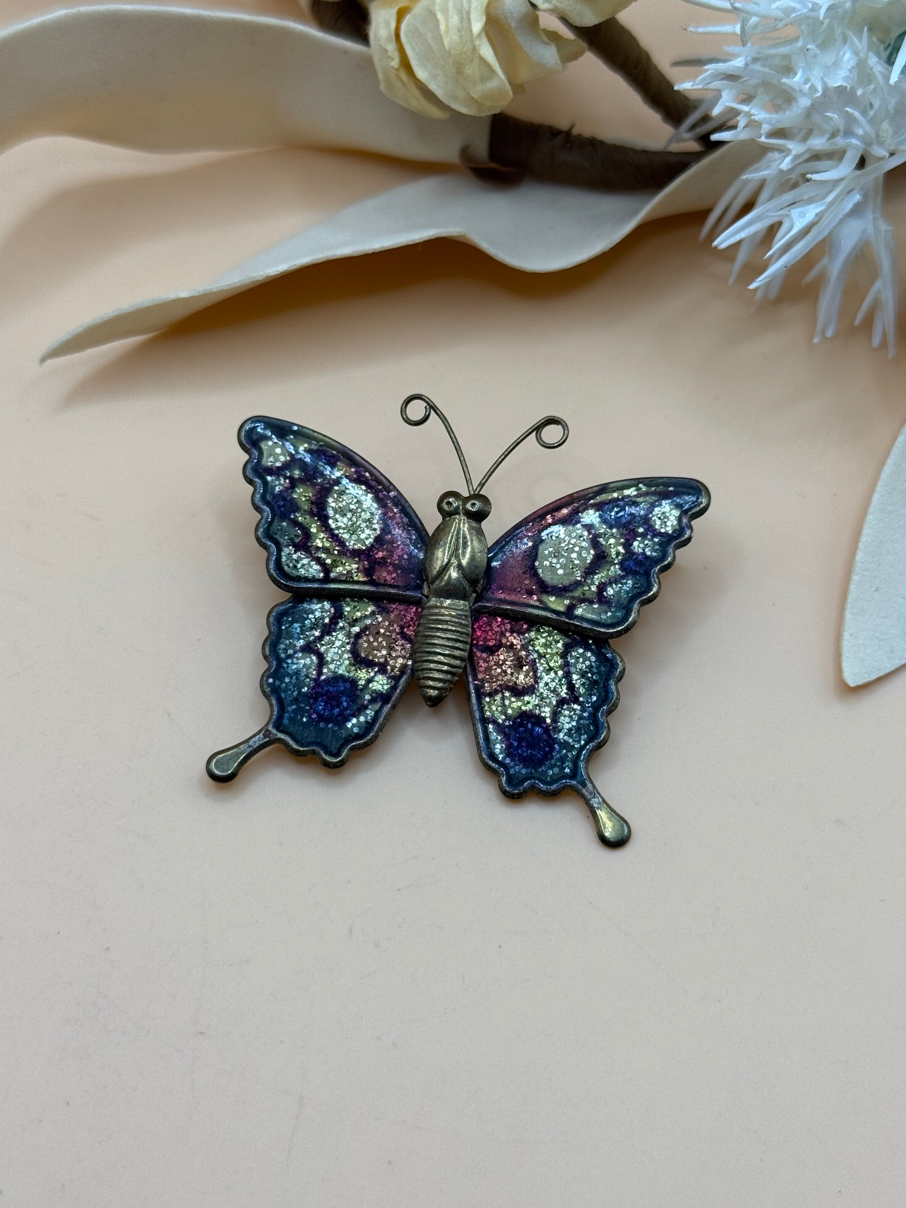 Vintage Enamel Glitter Butterfly Brooch Purple Blue Pink Silver Tone Art Pin