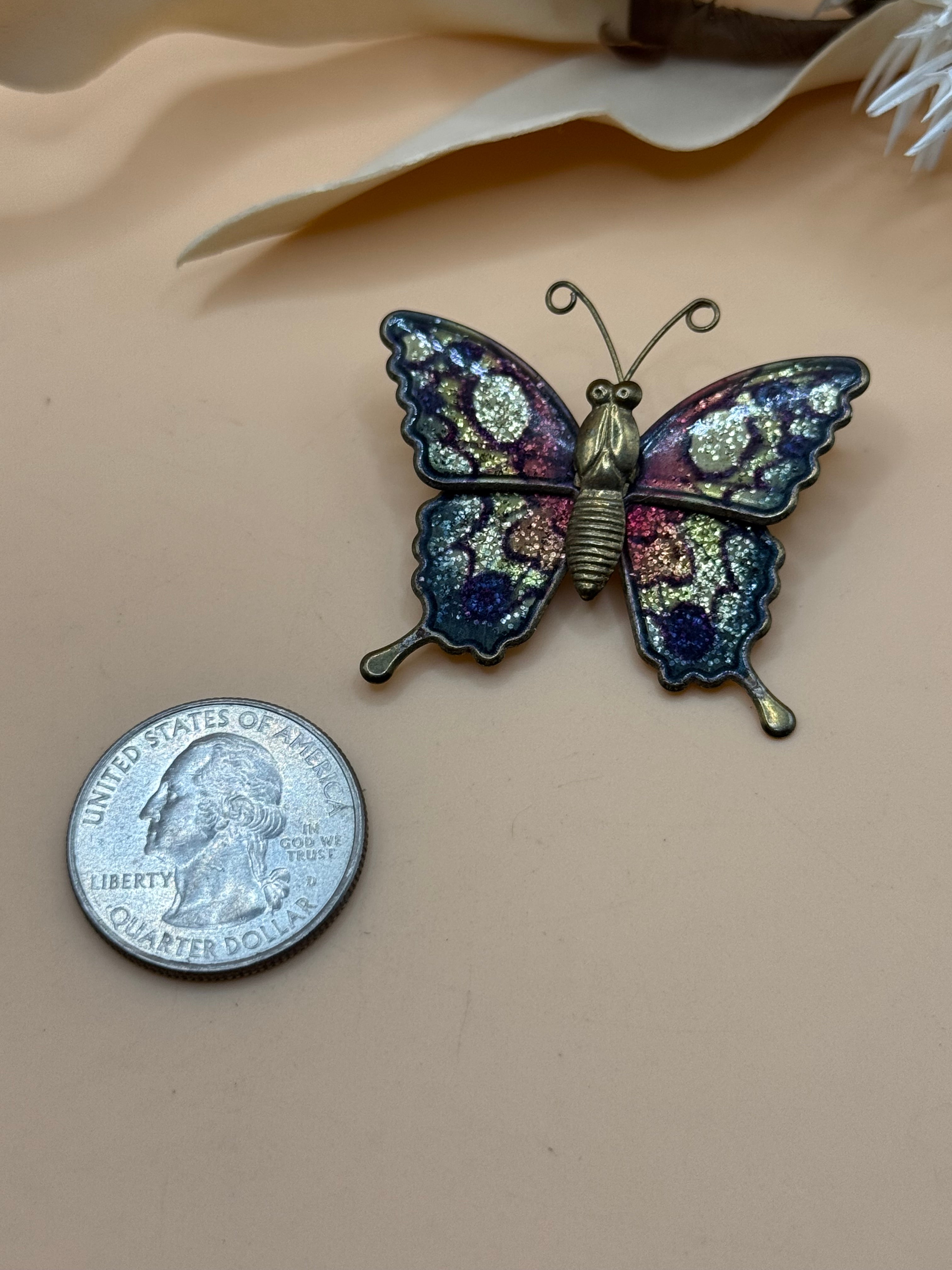 Vintage Enamel Glitter Butterfly Brooch Purple Blue Pink Silver Tone Art Pin
