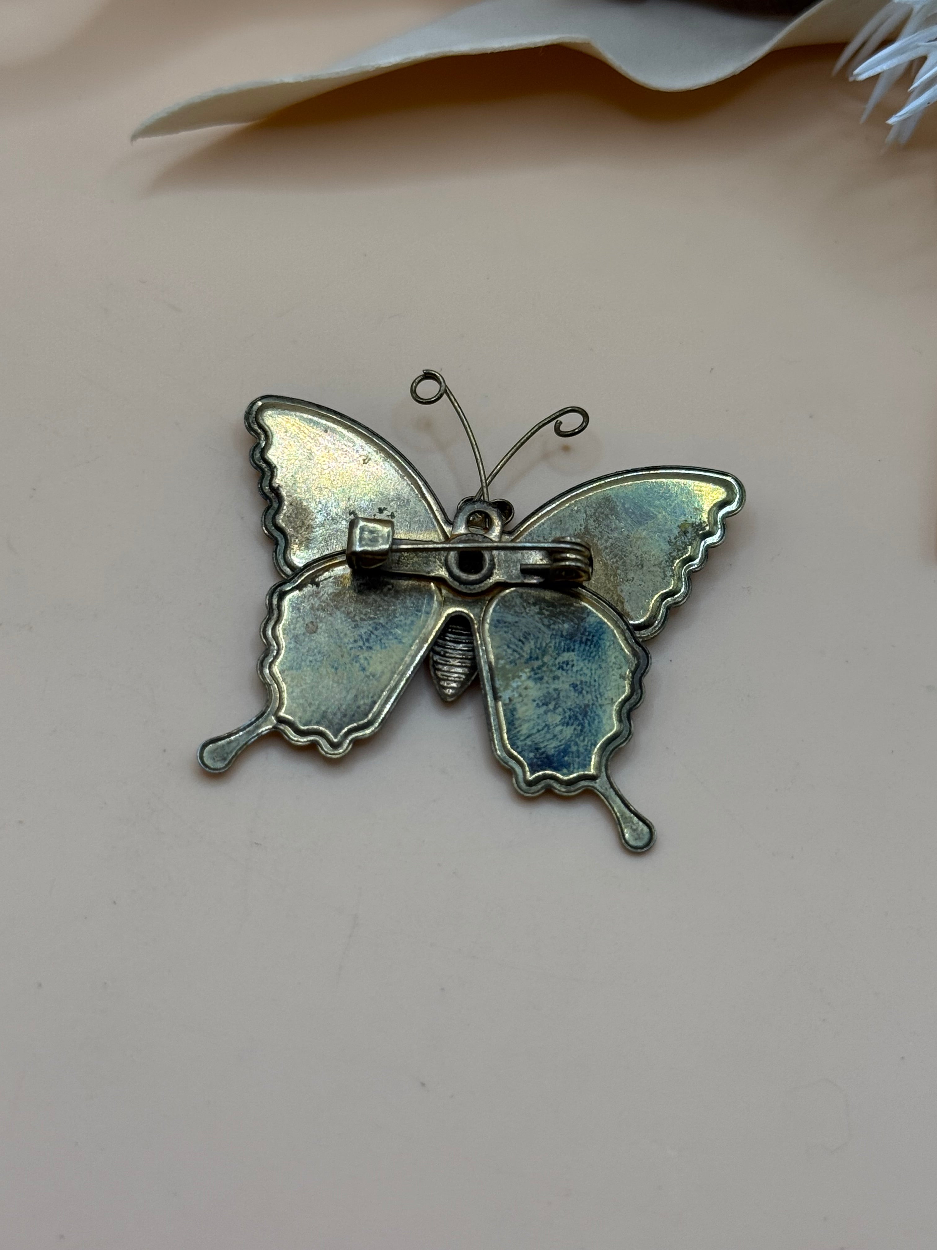 Vintage Enamel Glitter Butterfly Brooch Purple Blue Pink Silver Tone Art Pin