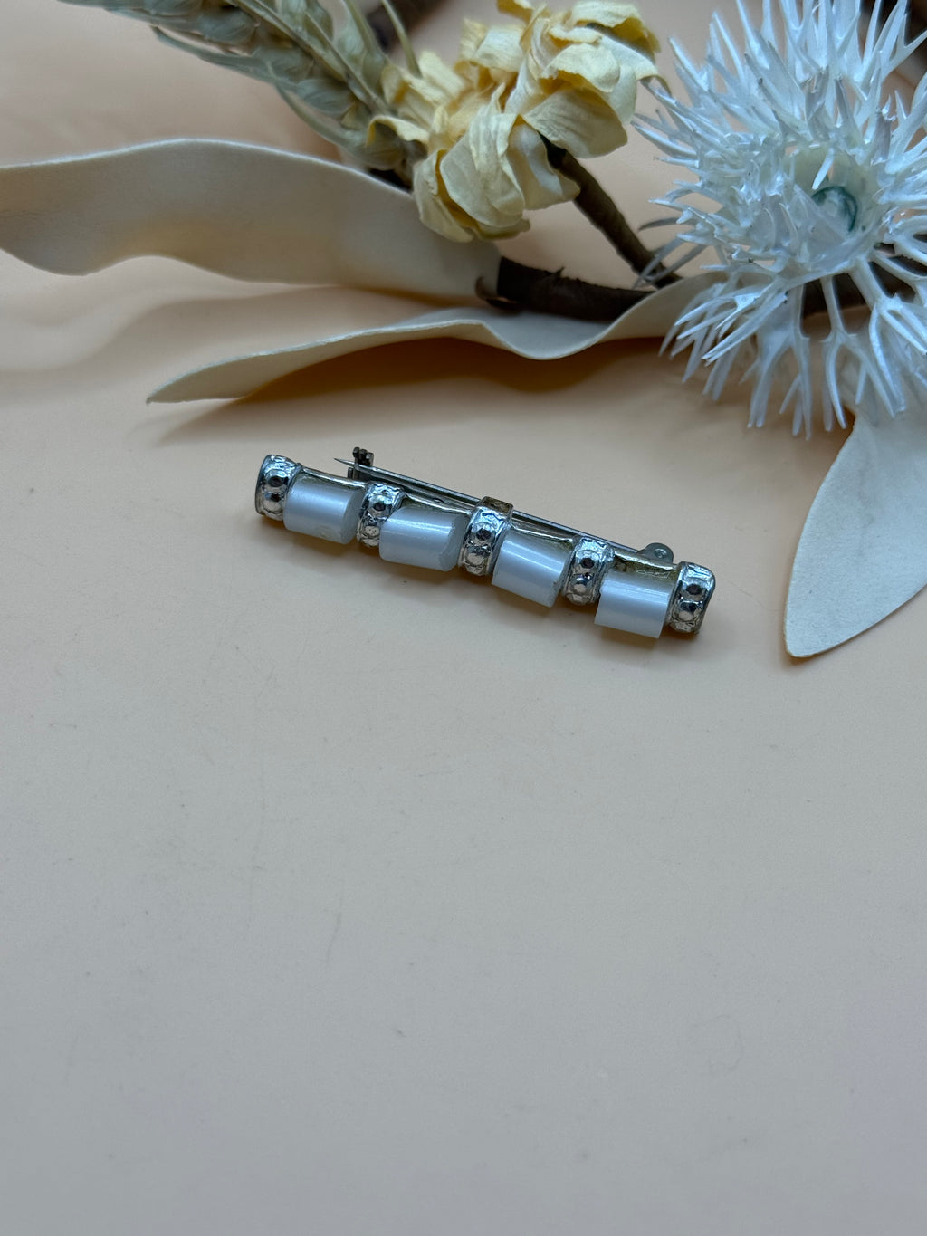 Vintage White Lucite Silver Tone Bar Brooch Pin Mid Century Modern Minimalist