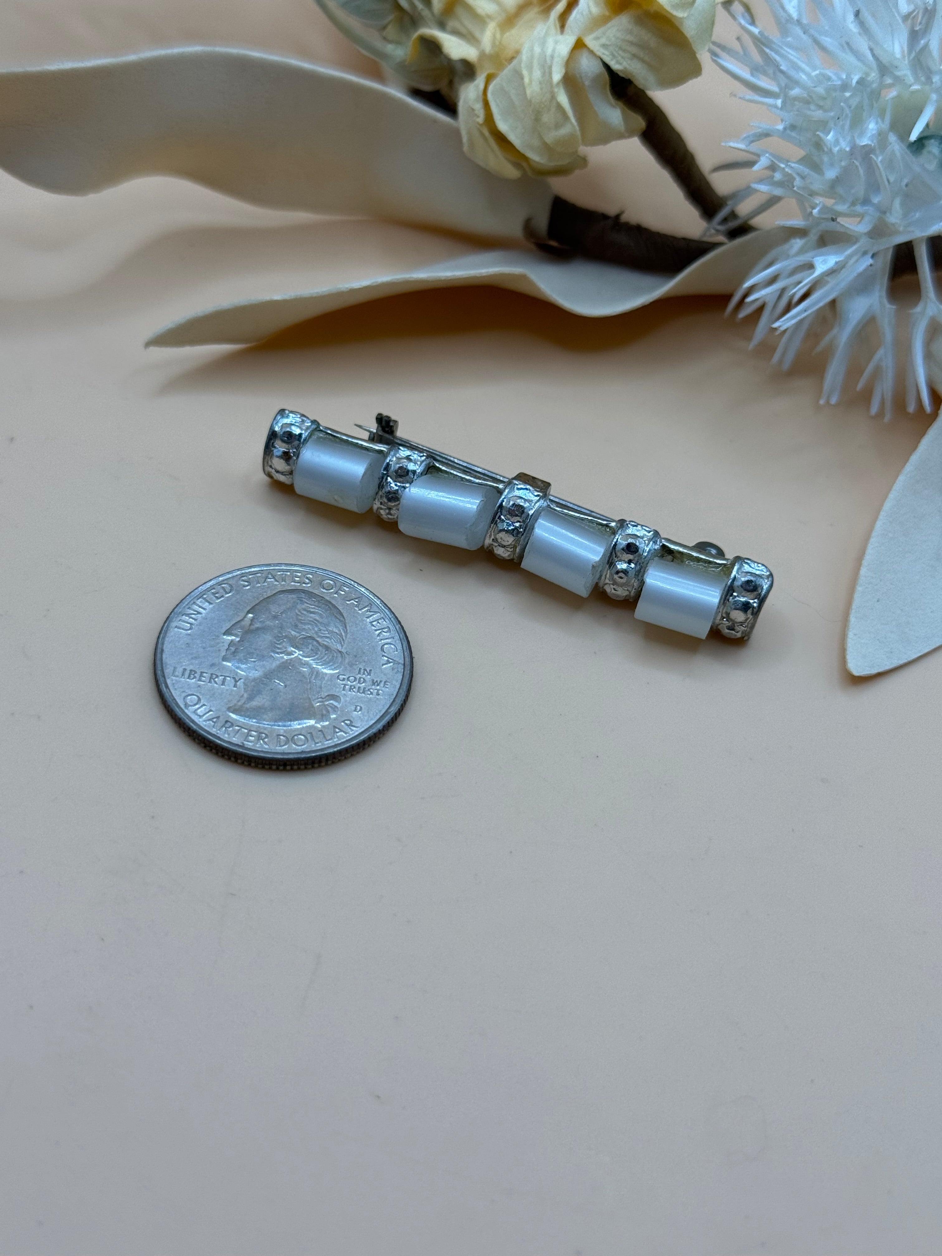 Vintage White Lucite Silver Tone Bar Brooch Pin Mid Century Modern Minimalist