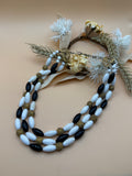 Vintage Black White Beaded Triple Strand Necklace Gold Tone Adjustable 14 Inch