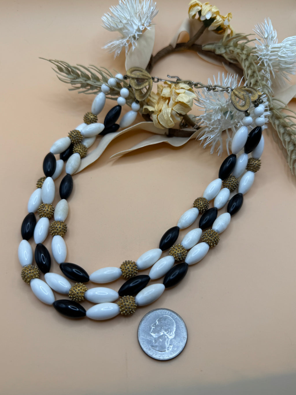 Vintage Black White Beaded Triple Strand Necklace Gold Tone Adjustable 14 Inch
