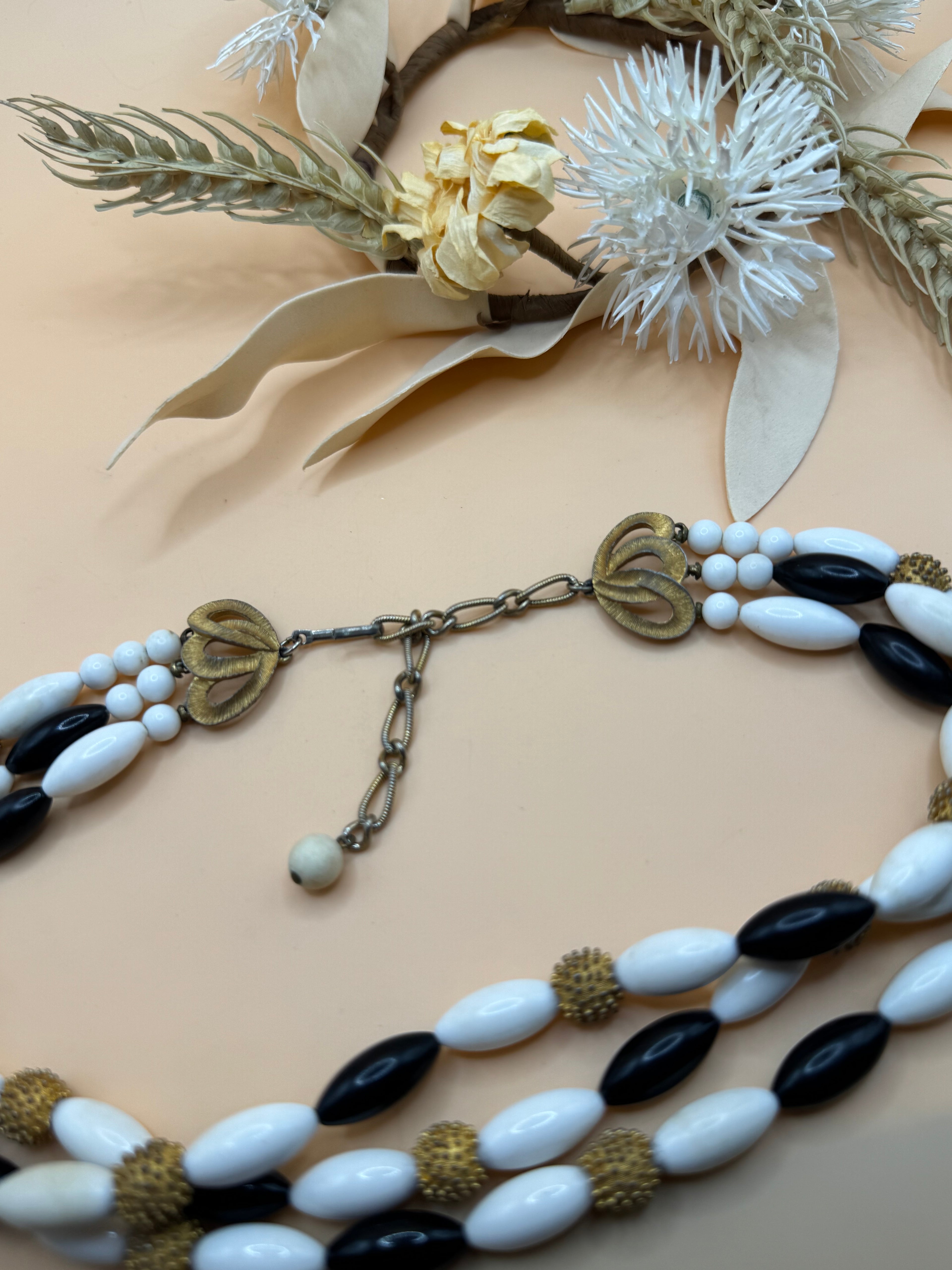 Vintage Black White Beaded Triple Strand Necklace Gold Tone Adjustable 14 Inch