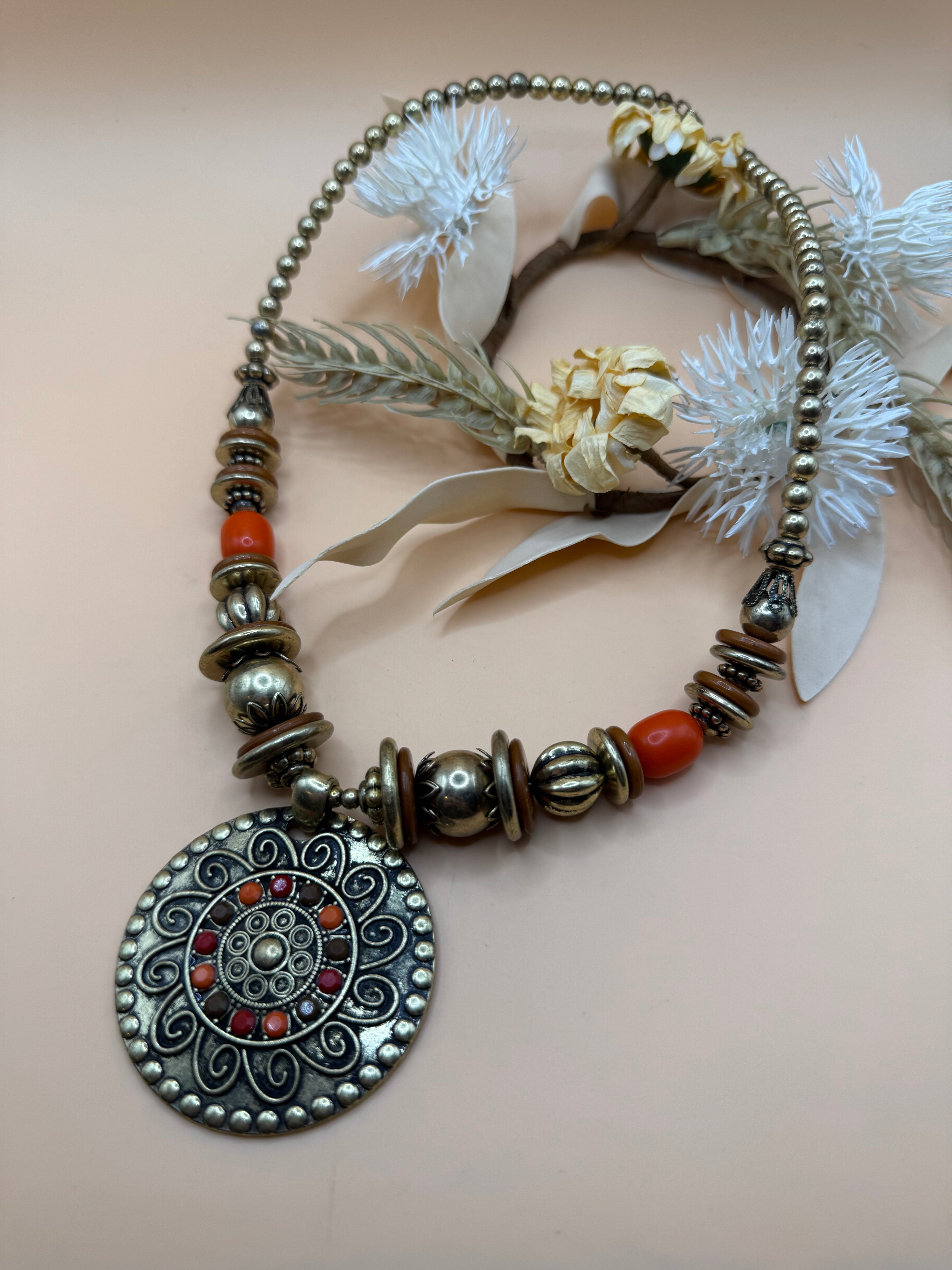 Gold Tone Ornate Pendant Necklace with Colorful Stones 18 Inch Vintage