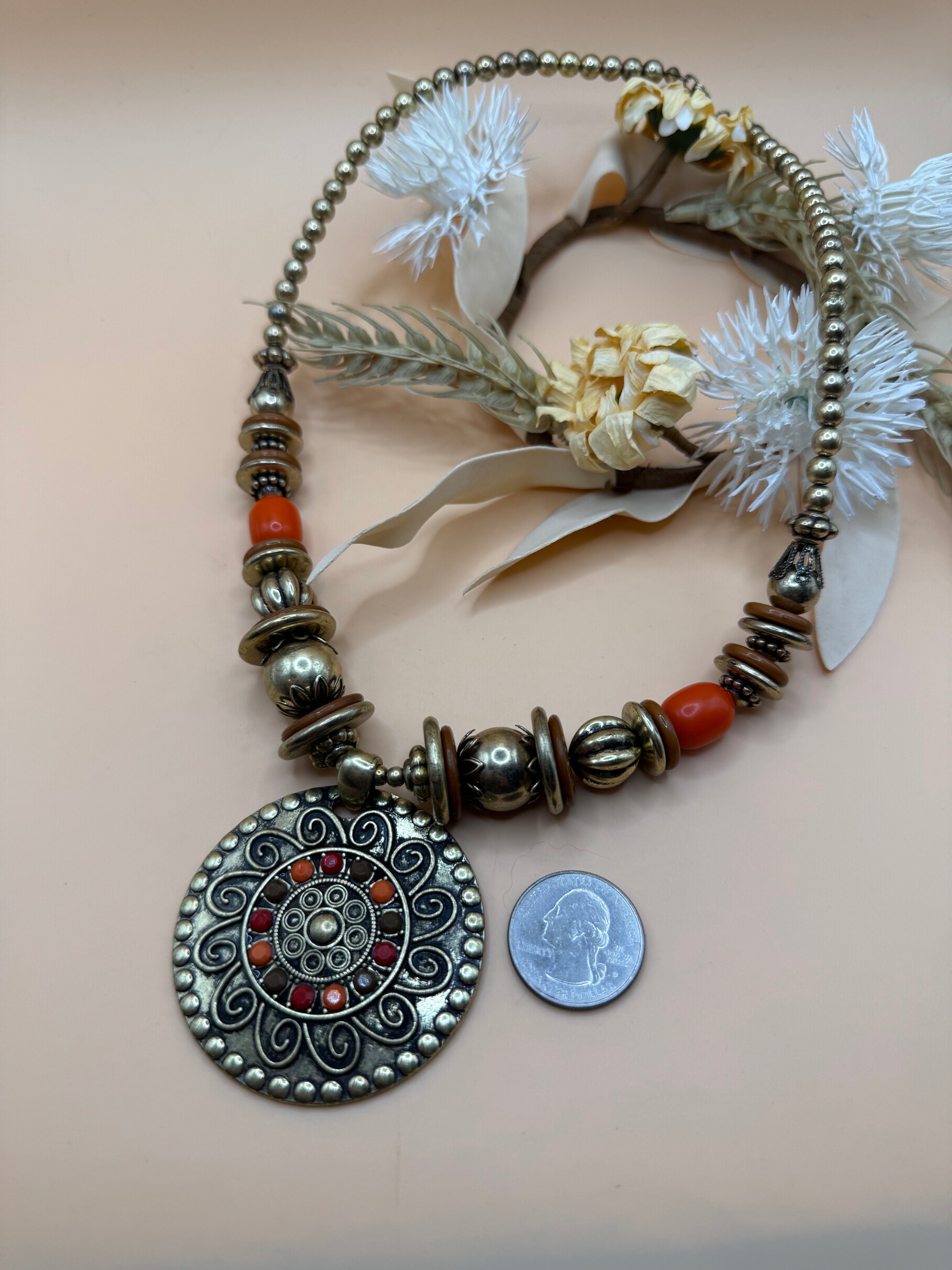 Gold Tone Ornate Pendant Necklace with Colorful Stones 18 Inch Vintage