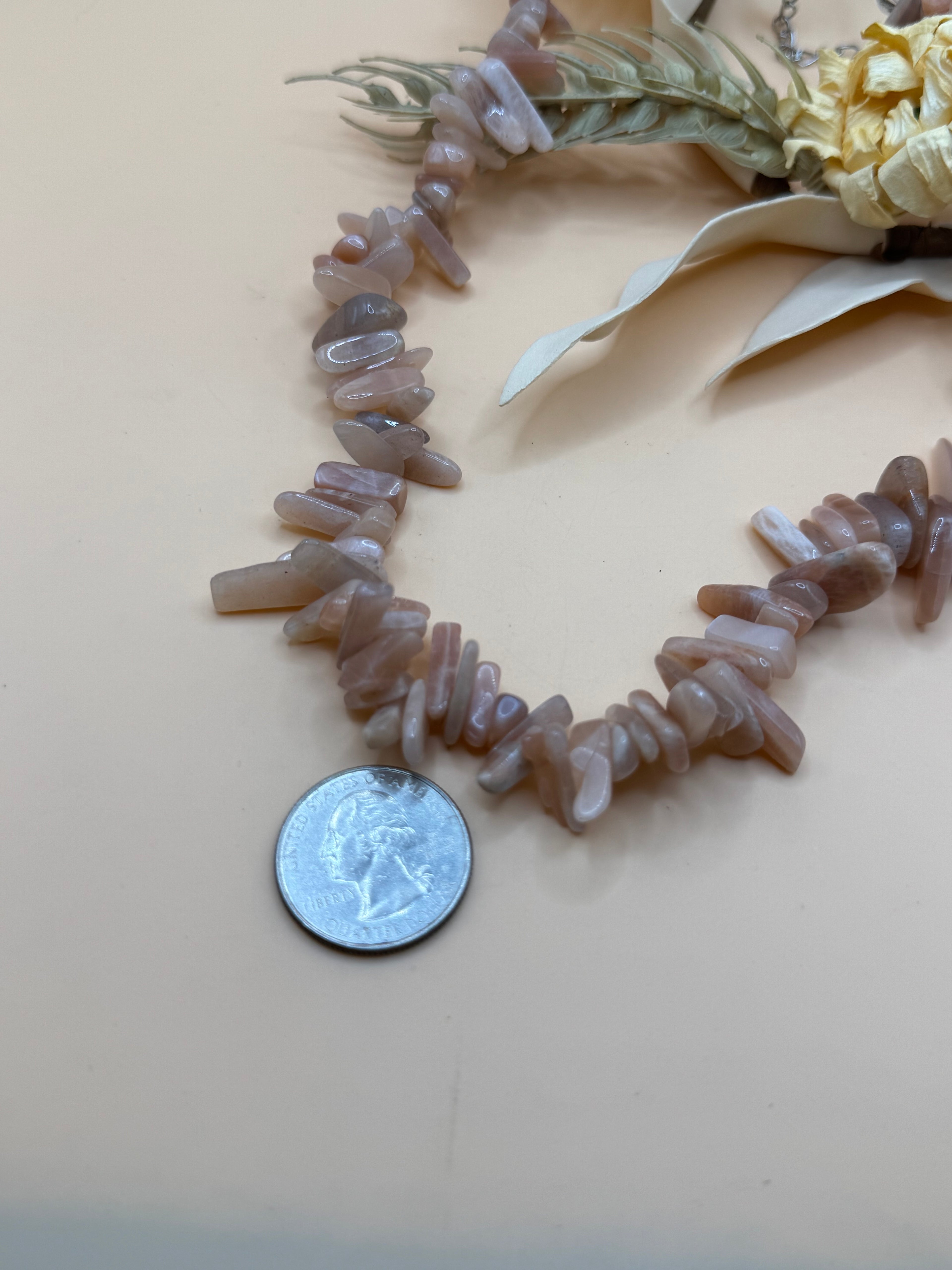 Pink Stone Chip Necklace Silver Tone 16 Inch Vintage Style